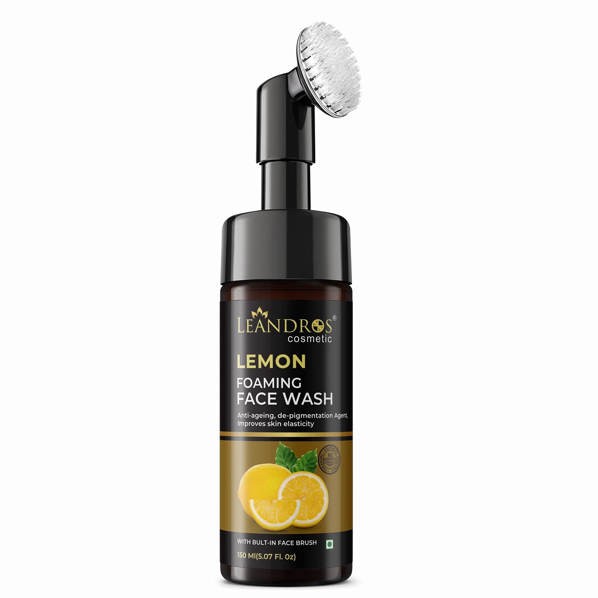 LEANDROS Brightening Lemon Foaming Face Wash with Built-In Face Brush - Gentle Cleanser for All Skin Types (Women & Men) | Paraben, Sulfate, Silicone & Color Free | 150ml | Perfect for Morning & Night Skincare Routine