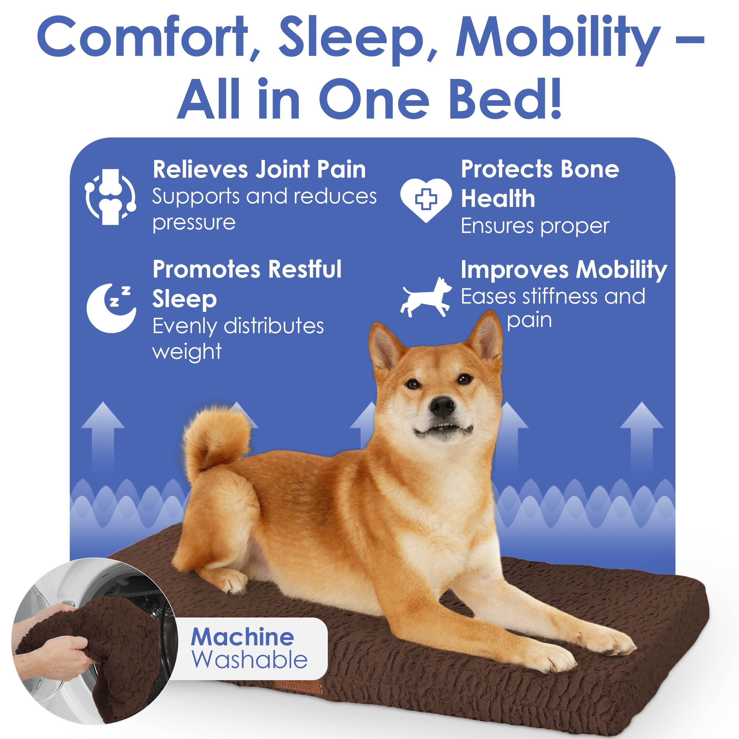 AKC Orthopedic Memory Foam Dog Crate Bed - Egg Crate Foam for Joint Pain Relief, Washable Cover with Non-Skid Bottom, Breathable & Durable Pet Bed (30x22 Inches, Brown) - Perfect for Crates, Kennels & Dog Houses