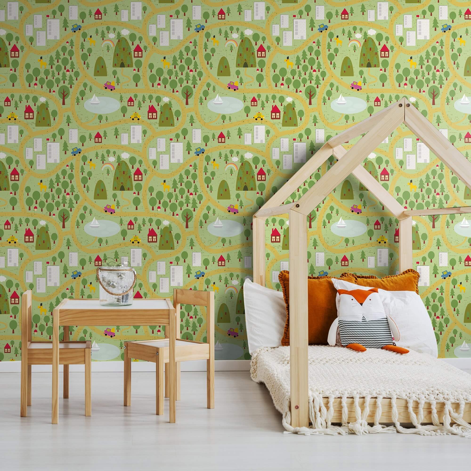 Eco-Friendly Green Map Peel and Stick Removable Wallpaper for Kids Room Decor - Perfect for Nursery, Playroom & Bedroom Wall Decoration