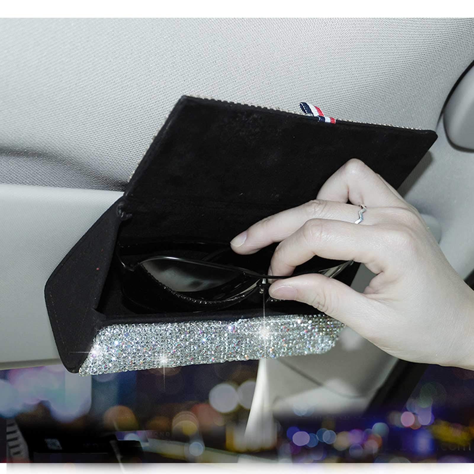 Sparkling Crystal Sunglasses Holder for Car Sun Visor - Glasses Storage Case with Shiny Rhinestones (Red) - Perfect for Organizing Eyewear While Driving & Traveling