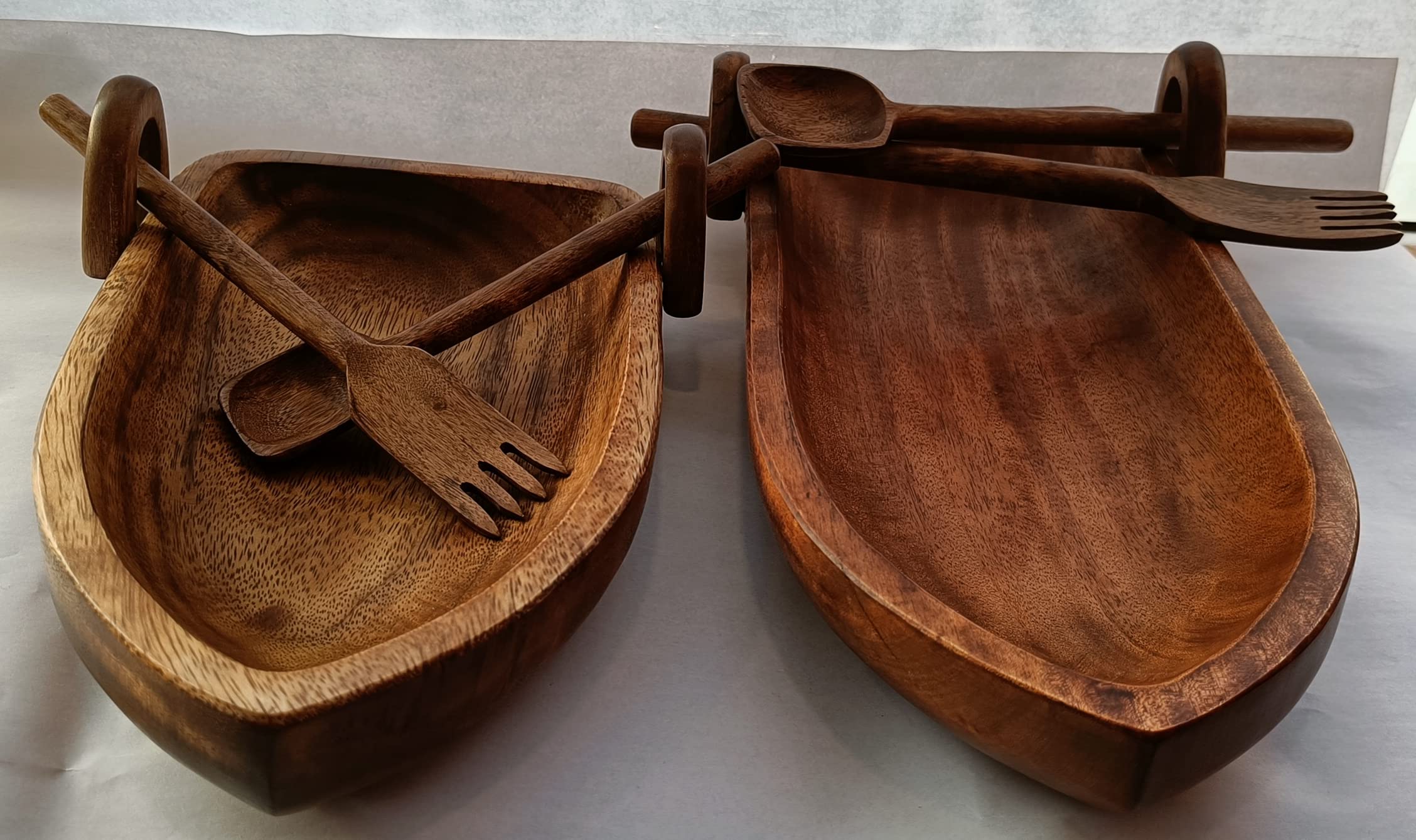 Premium Set of 2 Acacia Wood Serving Trays - Natural Brown Wooden Boat-Shaped Platters for Fruits, Salads, Snacks, Charcuterie & Appetizers | Includes 2 Forks & Spoons (10