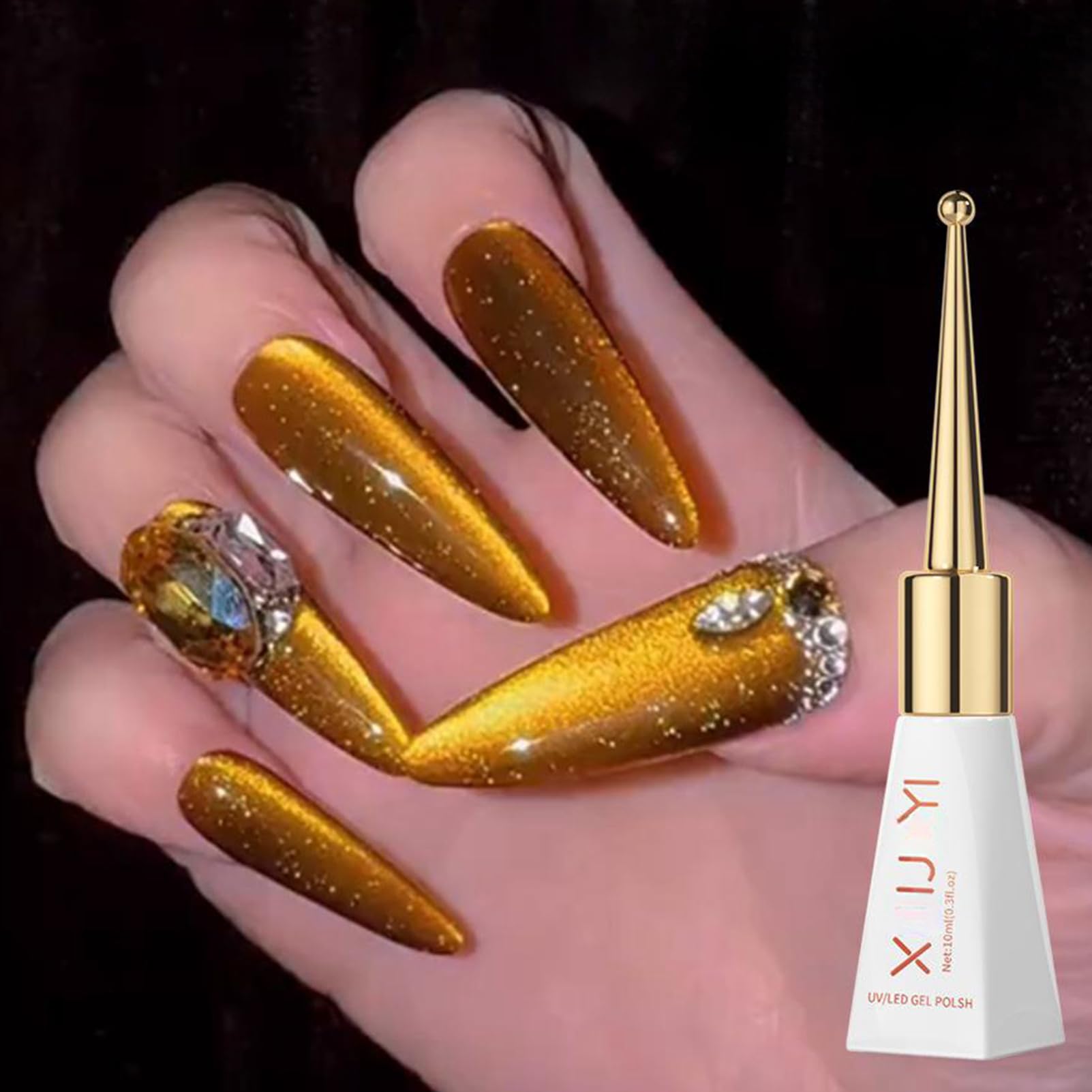 Magnetic Gold Cat Eye Gel Nail Polish - Long Lasting Shiny Reflective UV Gel Polish for Women - 10ML Gold Glitter Nail Art Design - Perfect for Parties, Weddings & Special Occasions