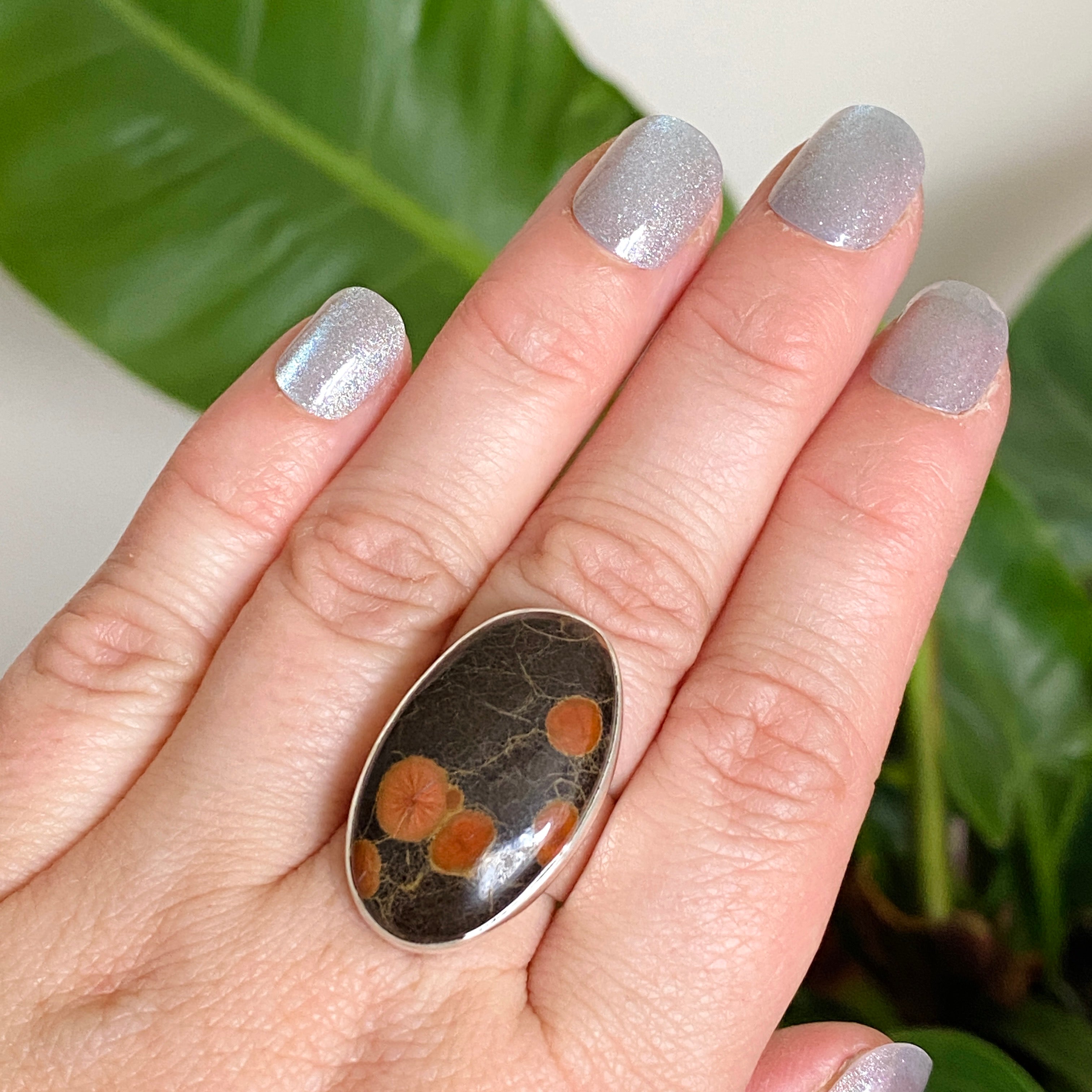 Natural Peanut Obsidian Perlite Oval Cabochon Ring - Size 8 - KRGJ3347 - Perfect for Boho Jewelry, Healing Crystals & Spiritual Gifts