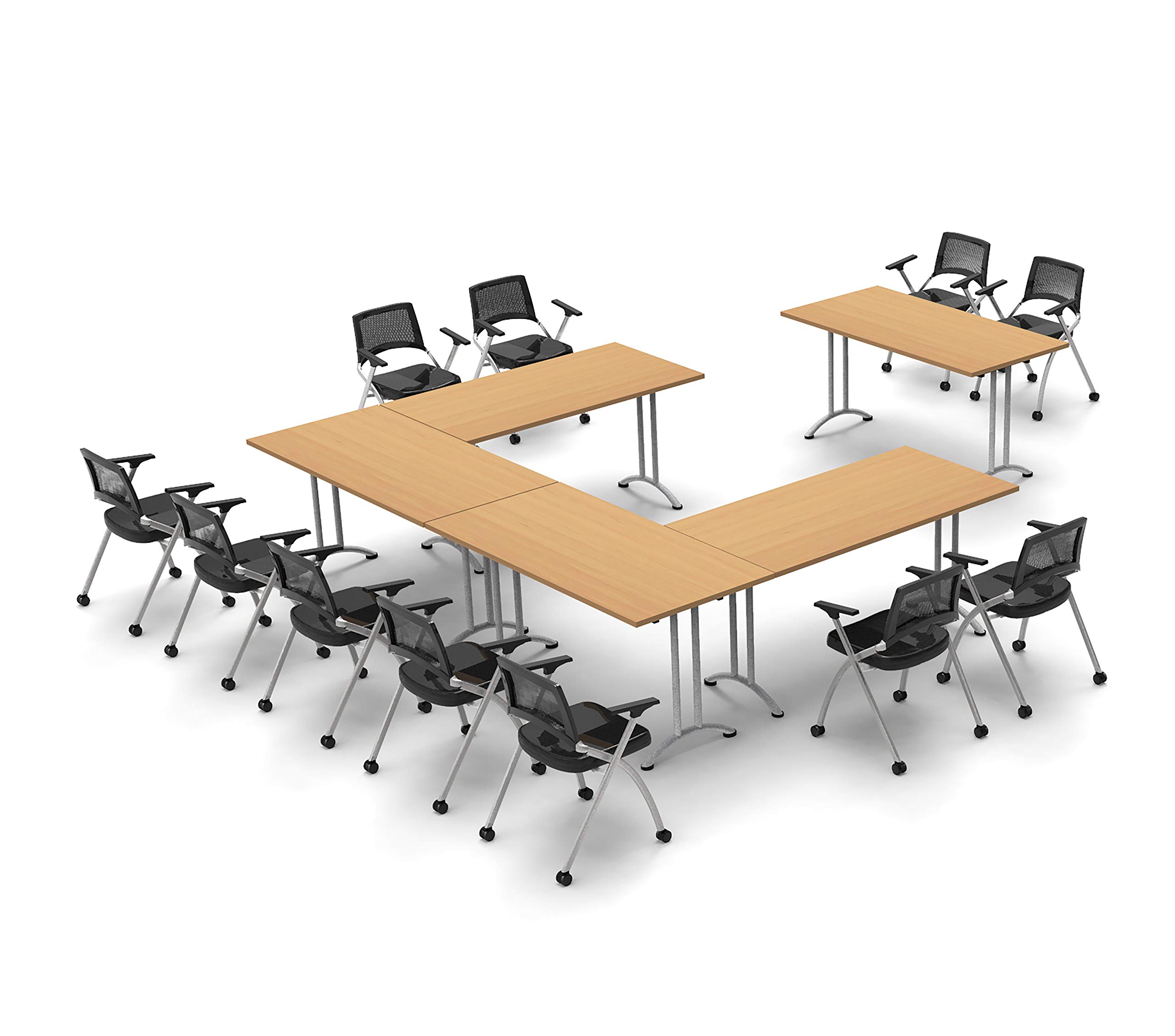 11-Person Folding Conference Table Set with 16 Chairs - Beech Wood Finish for Meetings, Seminars & Classrooms - Space-Saving Foldable Design (Tables & Seating Included) - Perfect for Office, School & Event Spaces