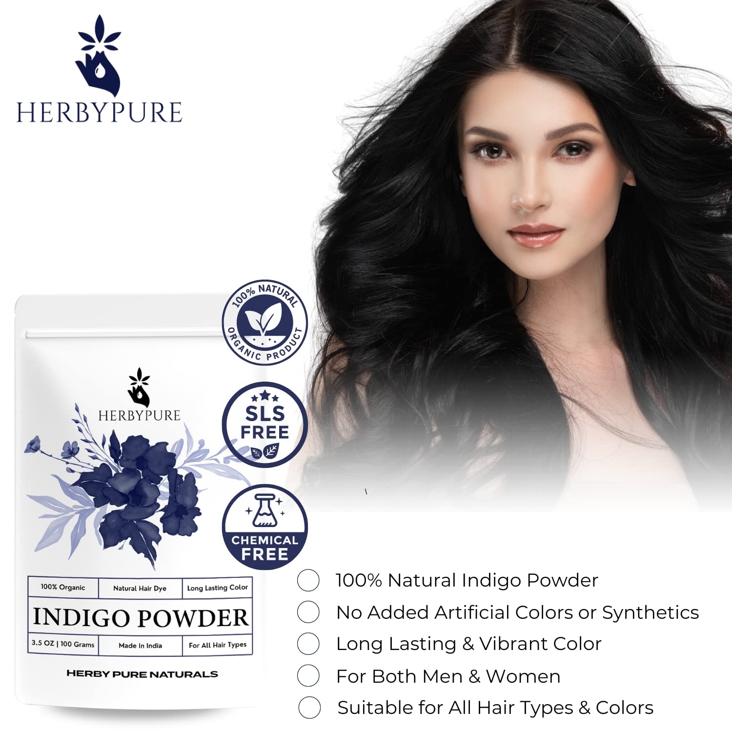 Herby Pure Organic Indigo Powder for Black Hair - 100g Natural Hair Dye with Free Applicator, Gloves & Hair Net | DIY Hair Coloring at Home, Safe & Chemical-Free