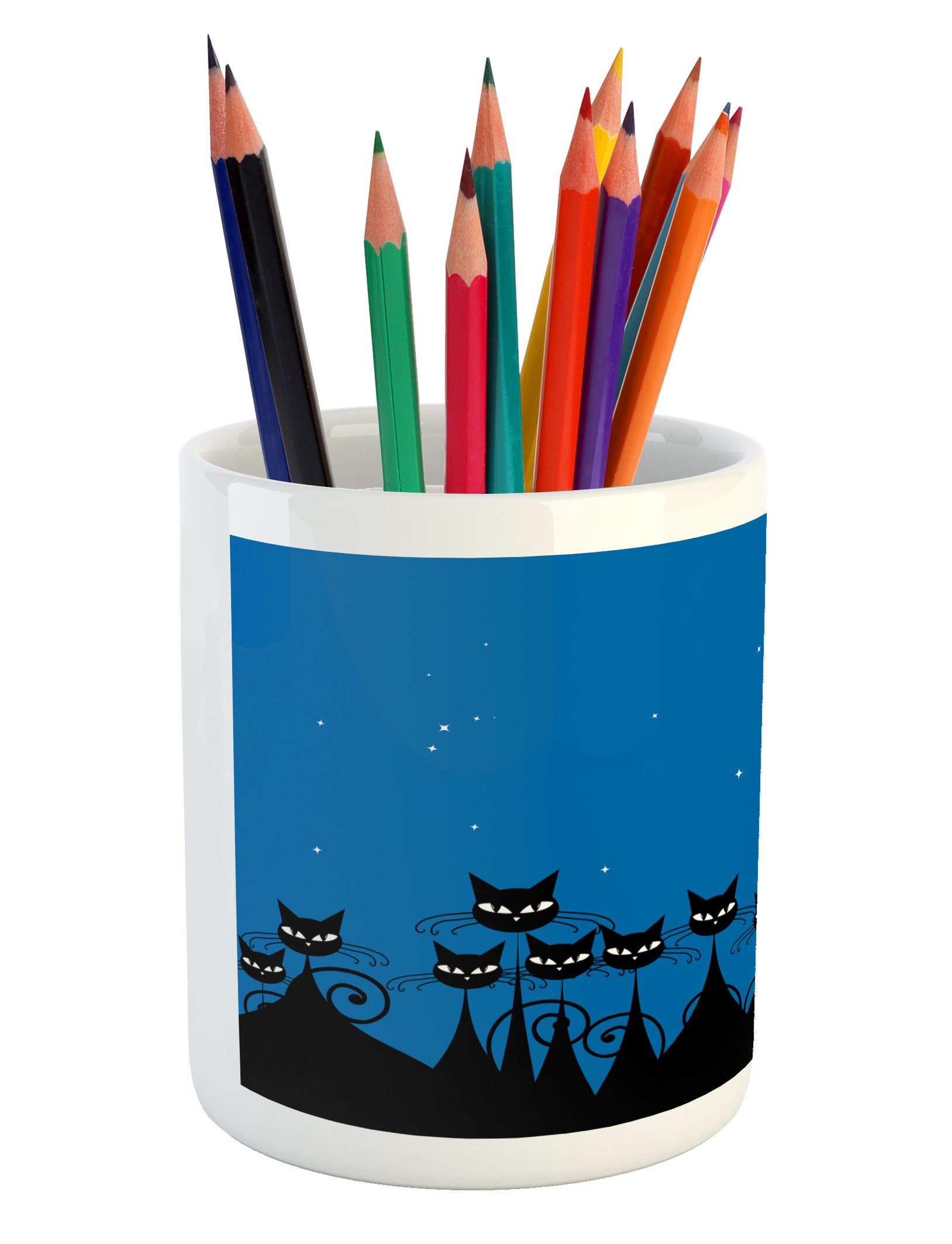 Ambesonne Ceramic Pencil Holder with Black Cats & Starry Sky Design - Blue Black White Office Desk Organizer for Pens, Markers & Stationery - Perfect for Home Office, School & Gift Giving