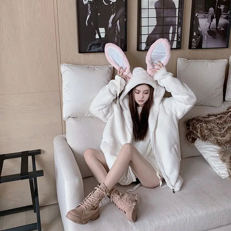 Women's Rabbit Ears Hooded Furry Jacket - Soft Warm Winter Coat with Zipper | Korean Y2K Fashion Outerwear for Autumn & Winter | Perfect for Casual Outfits, Streetwear & Cold Weather