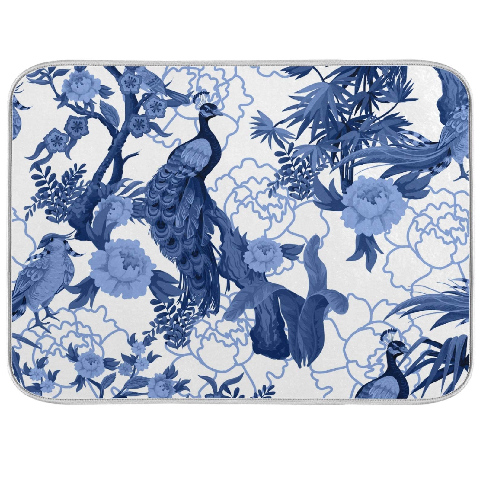 Susiyo Chinoiserie Style Peacock Dish Drying Mat - Super Absorbent Microfiber Kitchen Counter Mat (16x18 Inch) | Heat-Resistant, Safe & Stylish for Drying Dishes, Utensils & Cookware - Perfect for Modern Kitchens & Dish Racks