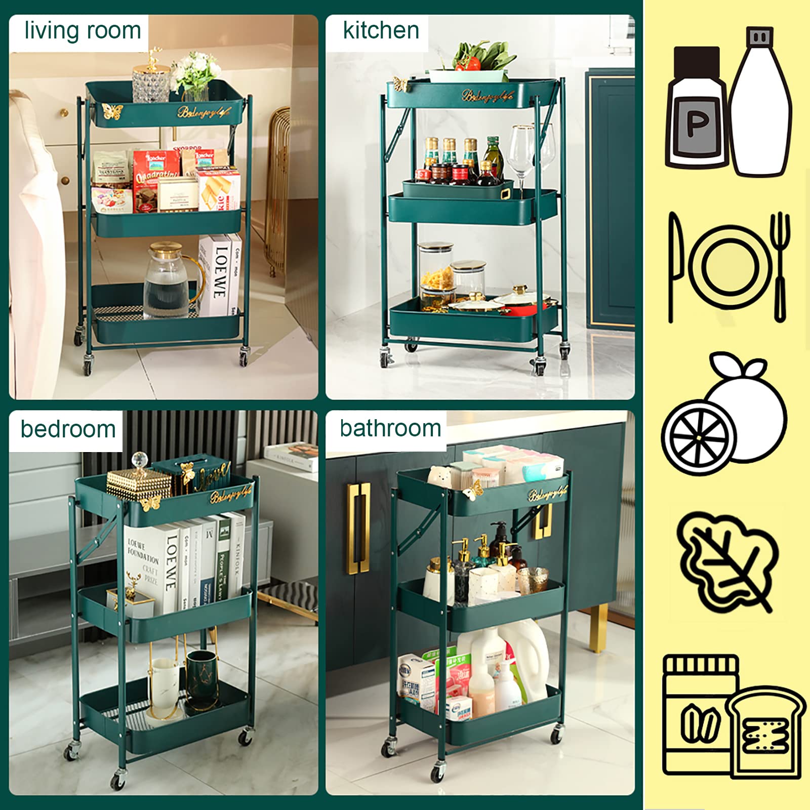 3-Tier Rolling Storage Cart with Wheels - Foldable Utility Cart for Kitchen, Bathroom, Office & Coffee Bar - Slim Multifunctional Mobile Organizer with Slide-Out Shelves (Black) - Perfect for Small Space Organization & Home Storage Solutions