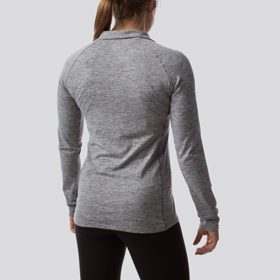 Women's Zip Neck Athleisure Long Sleeve Top - Heather Grey - Comfortable Workout & Lounge Wear for Yoga, Running & Casual Outfits