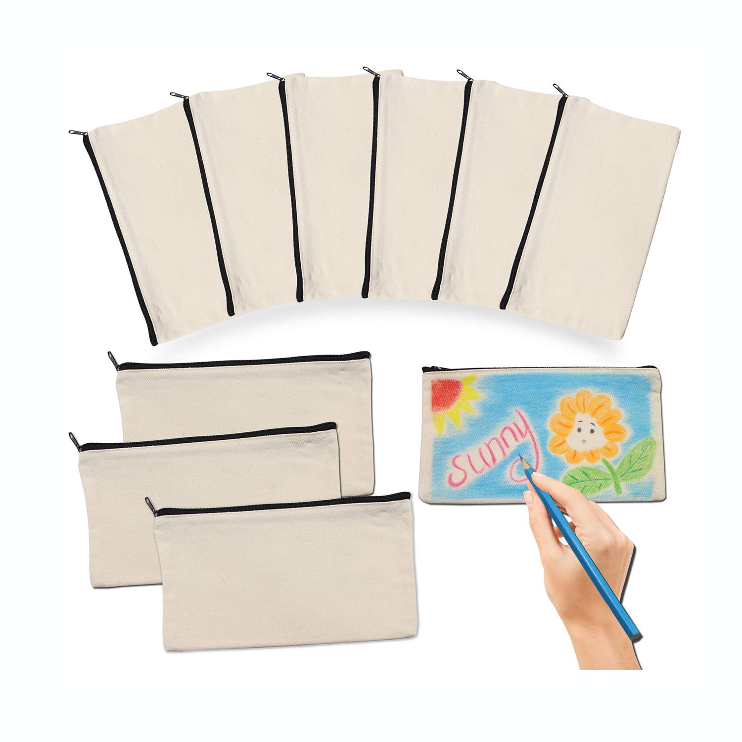 10 Pack Blank DIY Cotton Canvas Zipper Bags - Multipurpose Travel Organizer, Makeup Pouch, Receipt Holder & Gift Bags for Crafting, Storage & On-the-Go Essentials