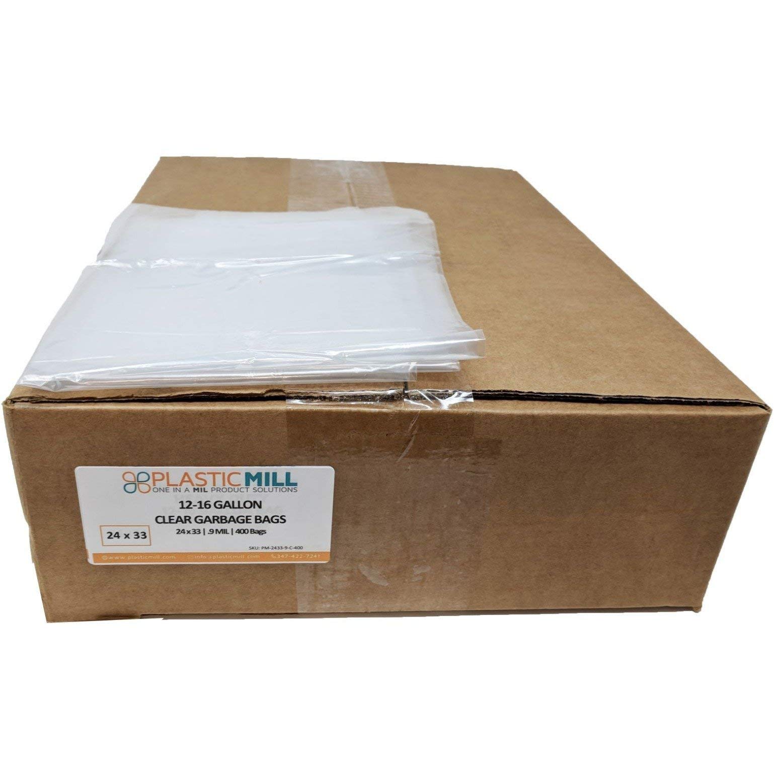 PlasticMill 12-16 Gallon Clear Trash Bags - 0.8 MIL Thick, 24x33 Inches, 400 Count - Heavy Duty Kitchen & Office Waste Disposal Bags for Home & Commercial Use