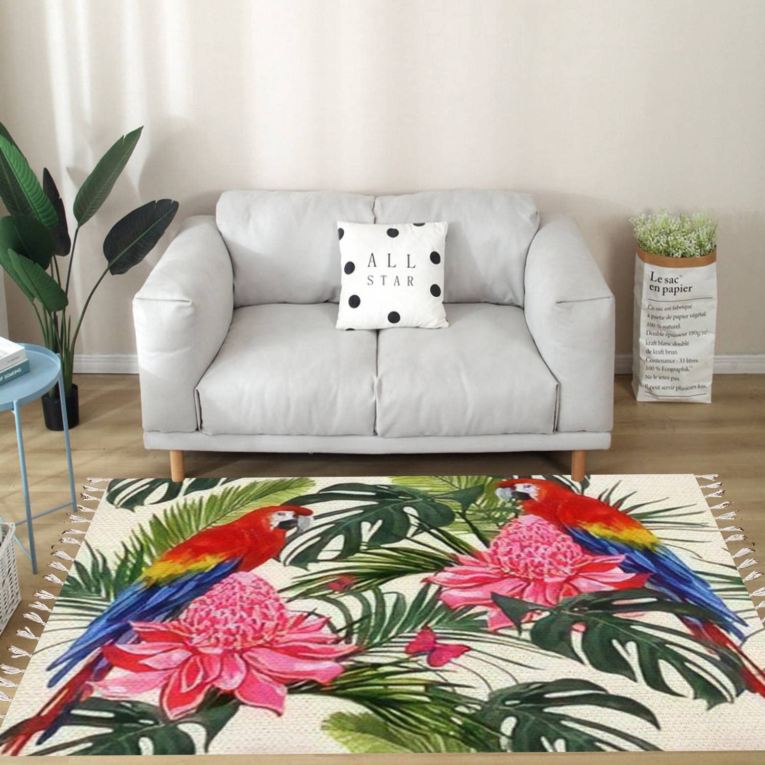 Vintage Cotton and Linen Bohemian Rug with Tassels - Tropical Palm Leaves & Parrot Floral Design - Washable Woven Area Mat for Kitchen, Bathroom, Outdoor Decor - Perfect for Boho Home, Summer Beach House & Patio Throw Carpet