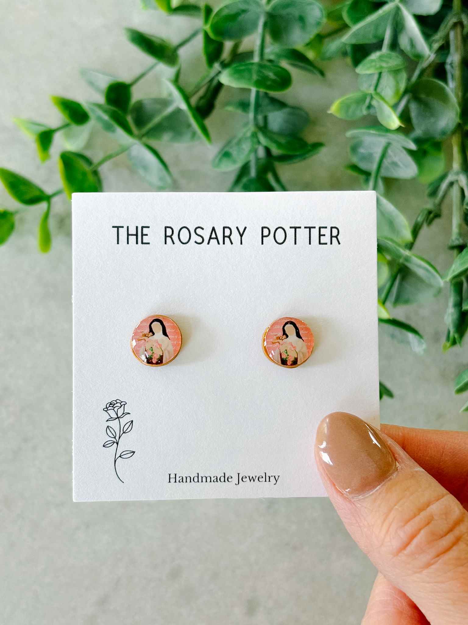 Handmade St. Therese Rose Gold Earrings for Women - Religious Jewelry Gift for Baptism, First Communion & Catholic Devotion - Elegant Dangle Earrings for Church & Special Occasions