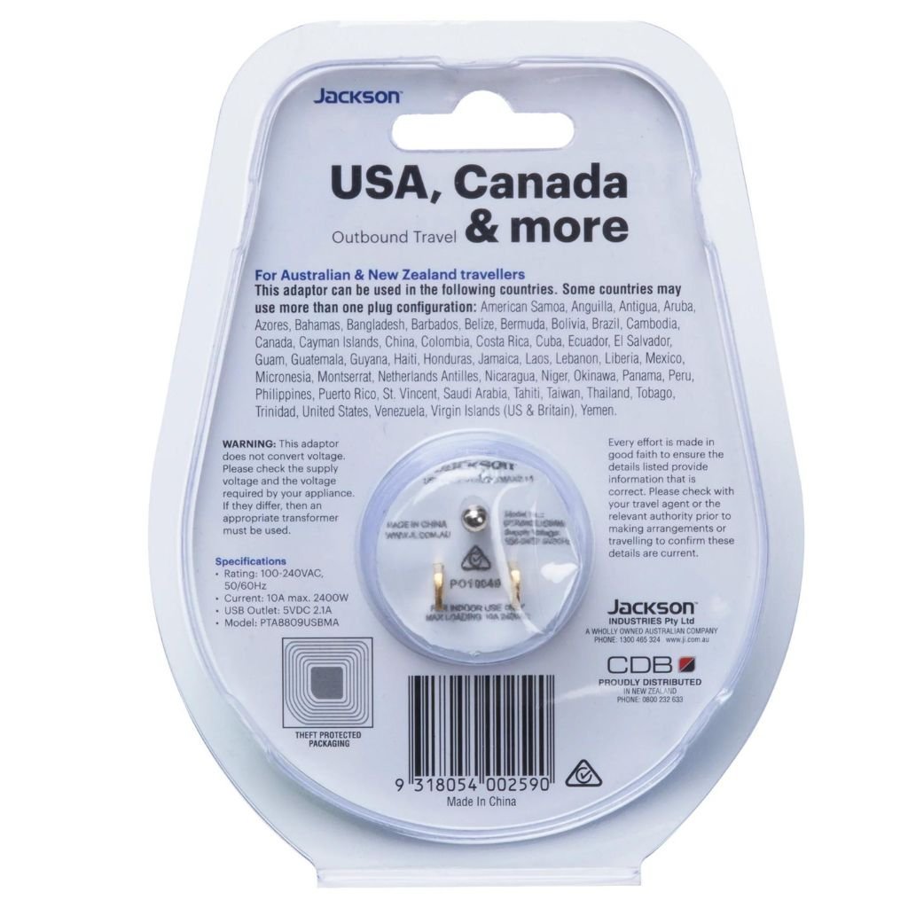Jackson Outbound Slim USB A & C Travel Adapter - Dual Port Fast Charger for iPhone, Android, Laptop | AUS to USA Power Converter | Perfect for Travel, Business Trips & International Use