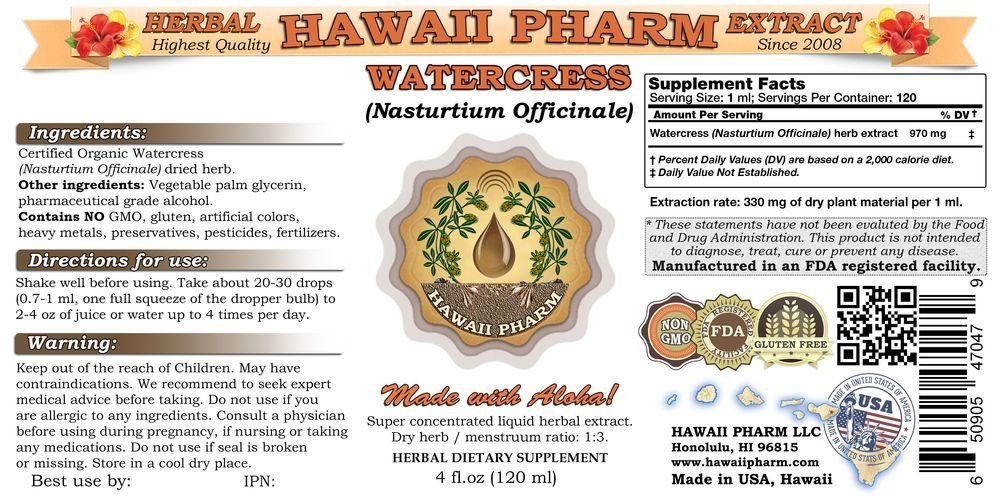 Organic Watercress Liquid Extract (Nasturtium officinale) - Herbal Supplement Tincture by Hawaii Pharm - 32 fl.oz - Made in USA - Supports Immune Health & Detox - Perfect for Teas, Smoothies & Wellness Routines