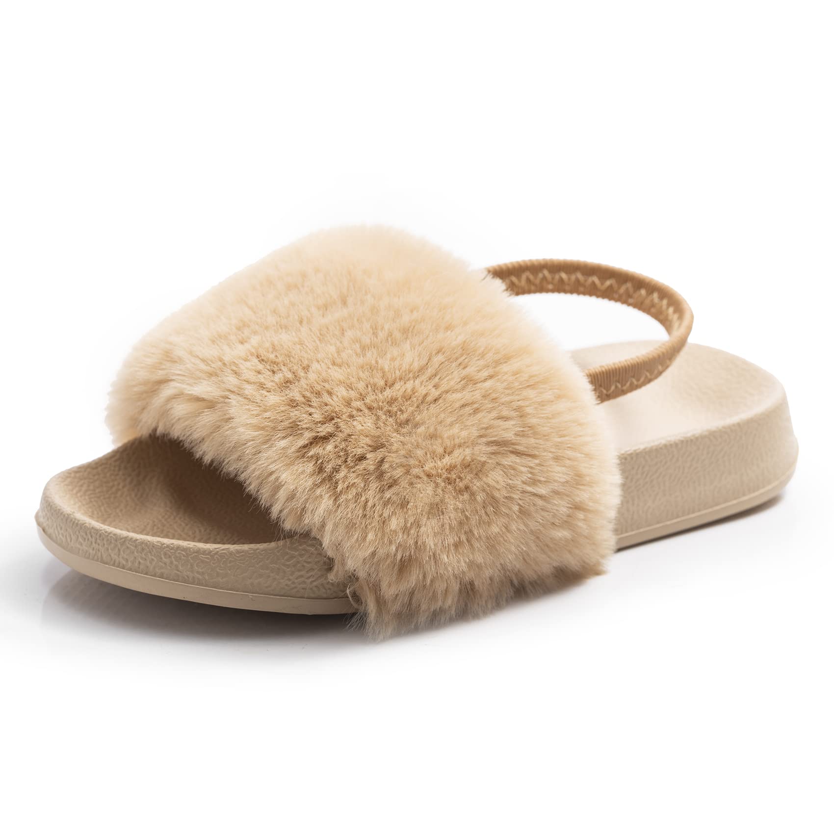 FITORY Girls Sandals for Toddlers - Soft Faux Fur Slides with Adjustable Elastic Back Strap, Comfortable Flat Shoes for Kids | Perfect for Indoor Play, Beach & Summer Outfits