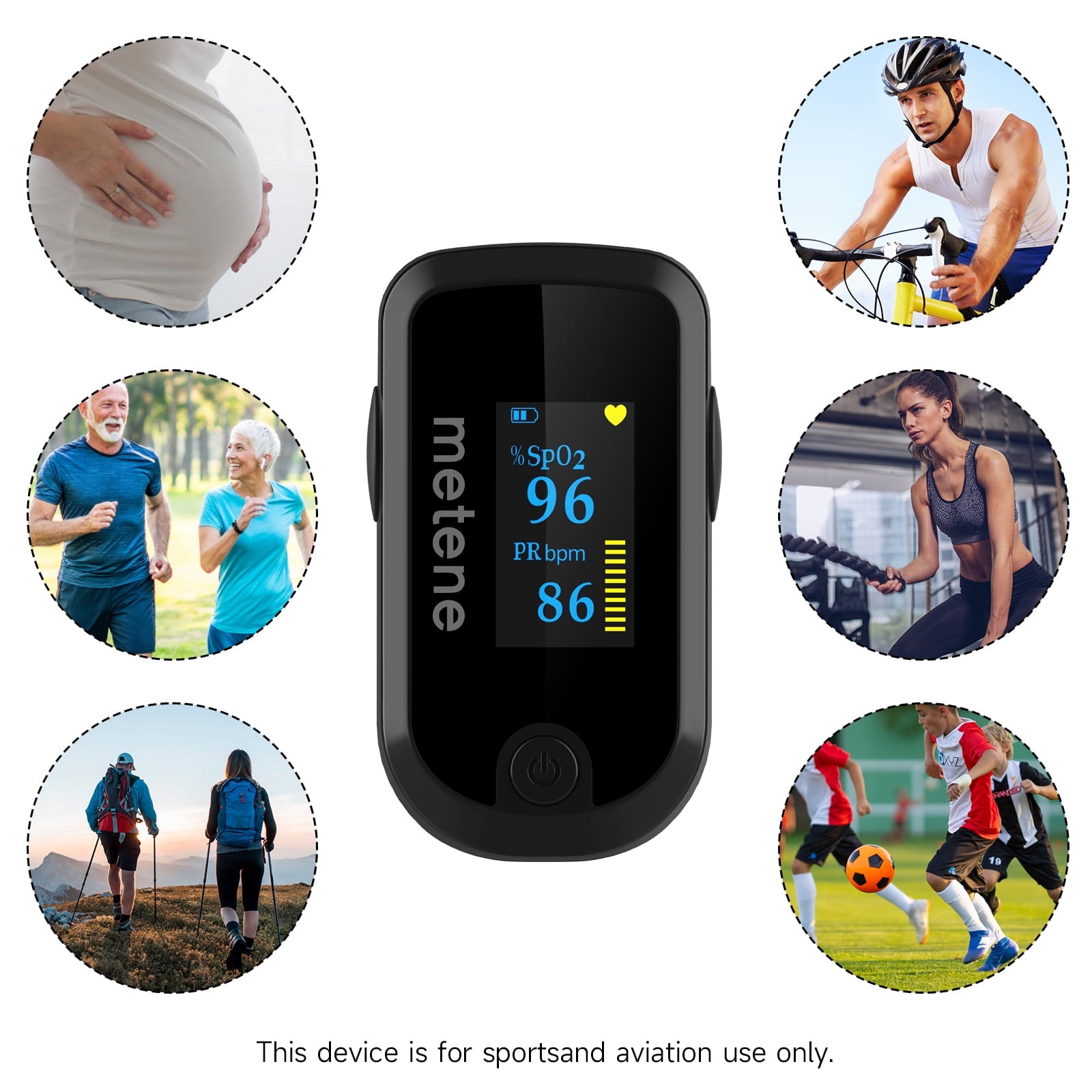 Metene Fingertip Pulse Oximeter with OLED Display - Accurate Blood Oxygen Saturation (SpO2) & Heart Rate Monitor - Includes Batteries & Lanyard - Portable for Home Use, Travel, and Sports Activities