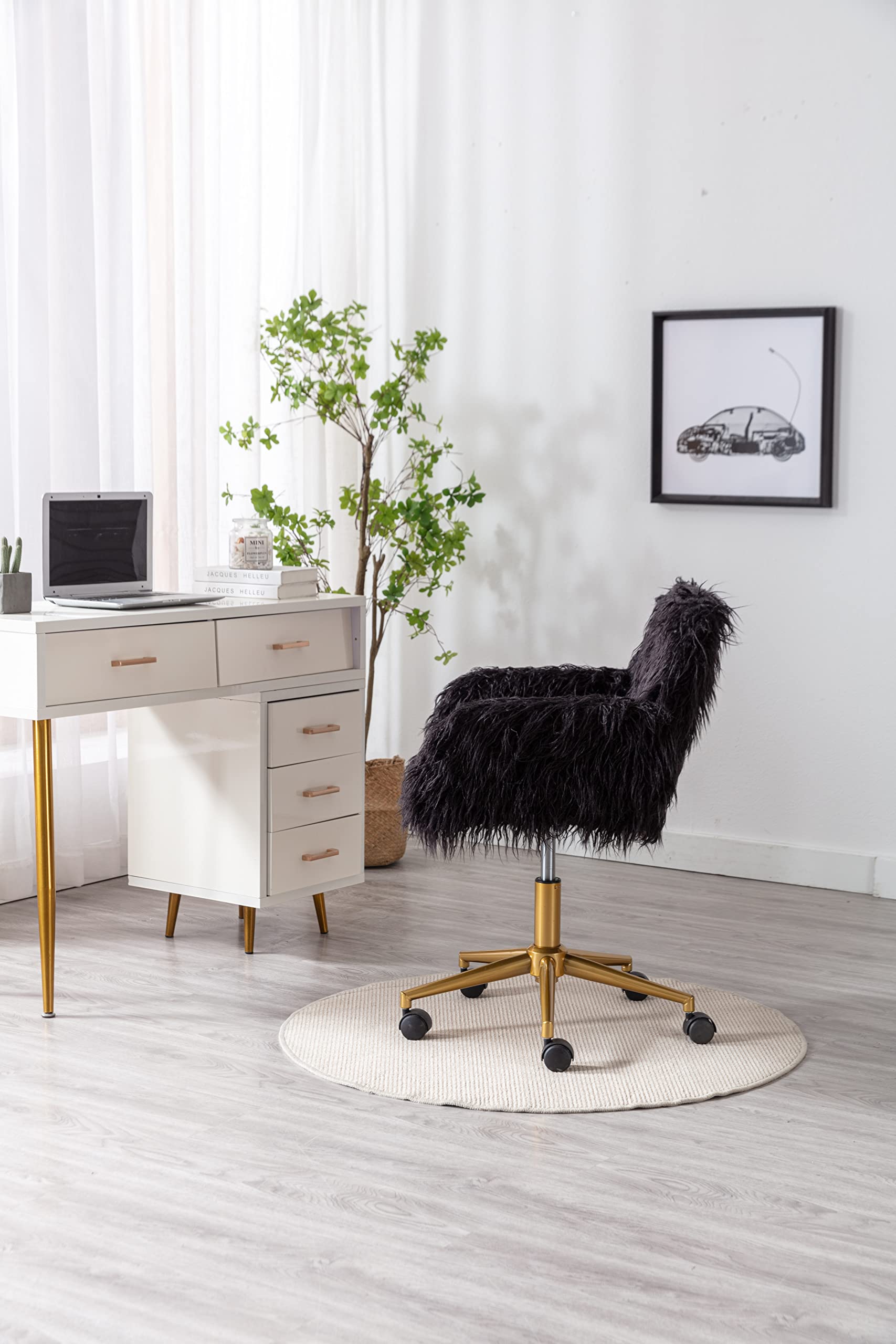 Fluffy Faux Fur Desk Chair - Adjustable Swivel Computer Chair with Wheels, Height Adjustable Pink Vanity Chair for Makeup Room, Teen Girls Bedroom & Home Office - Perfect for Gaming, Studying & Working (Black)