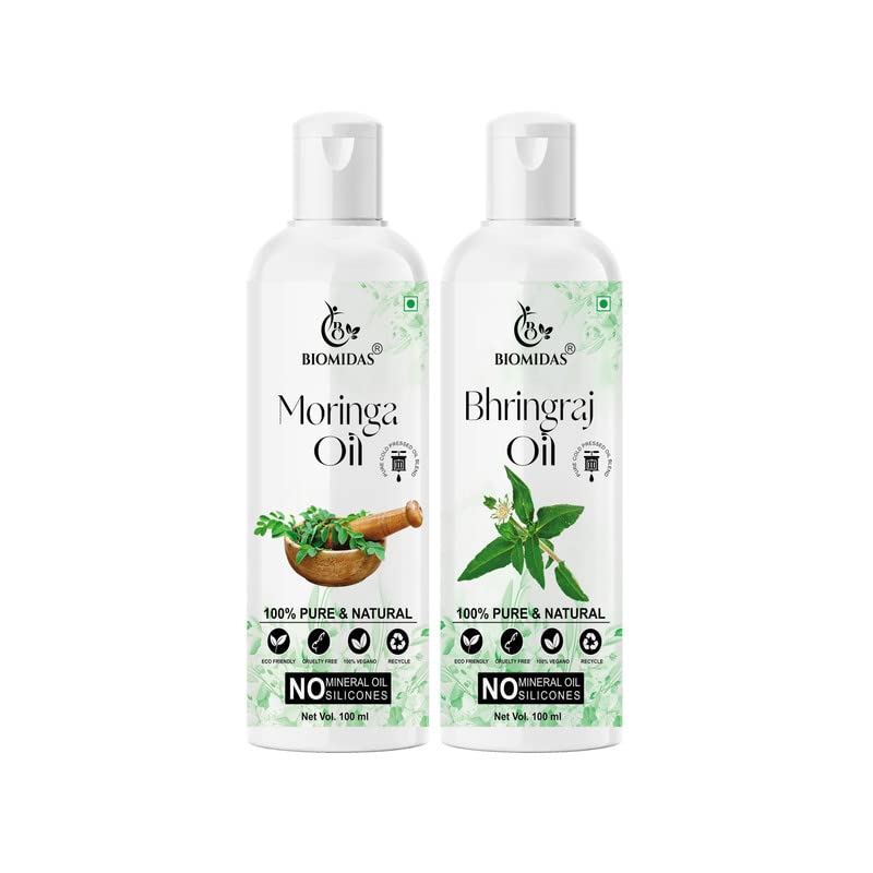 Biomidas 100% Pure Moringa Oil & Bhringraj Oil Combo (100ML Each) - Natural Hair Growth Treatment for Thicker, Stronger Hair | Reduces Hair Fall & Split Ends | Promotes Soft, Shiny Hair | Ideal for Daily Hair Care & Scalp Massage (Pack of 2)