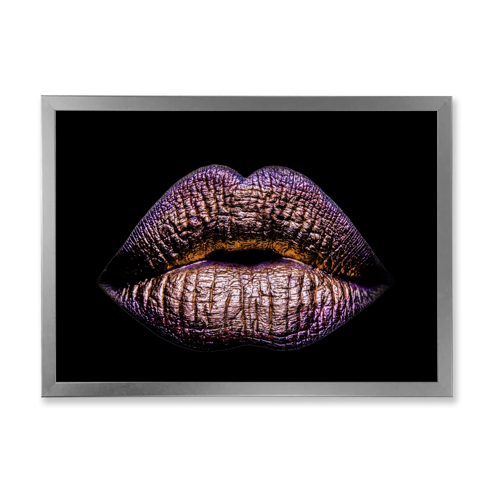 Golden Metallic Lips Wall Art - Modern Framed Female Lips Decor for Living Room, Bedroom & Office - Elegant Home Decor Gift Idea