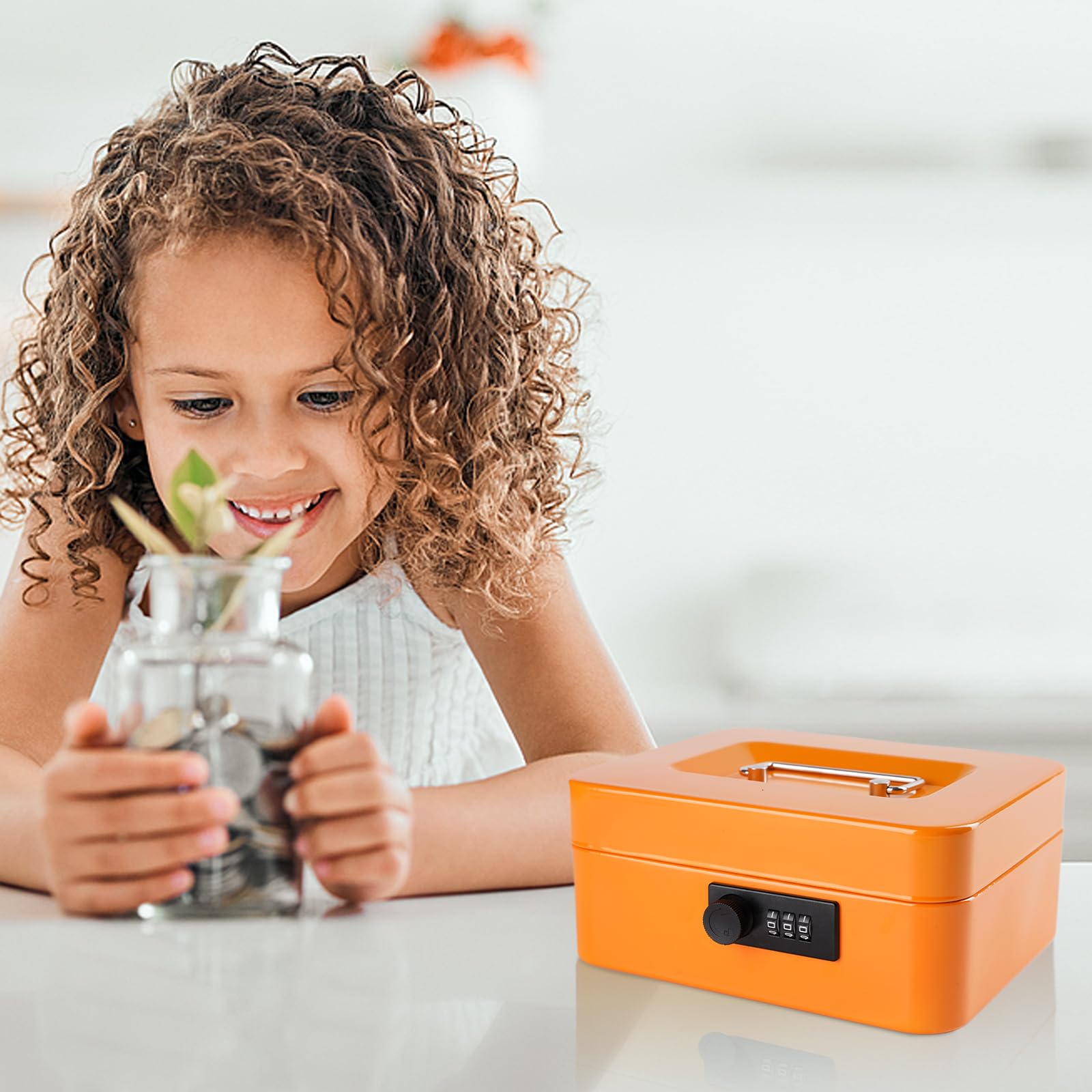 Metal Cash Box with Combination Lock & Money Tray - Portable Lock Box for Money Storage (7.87 x 6.3 x 3.54 Inches, Orange) - Perfect for Home, Office, Retail & Event Cash Security