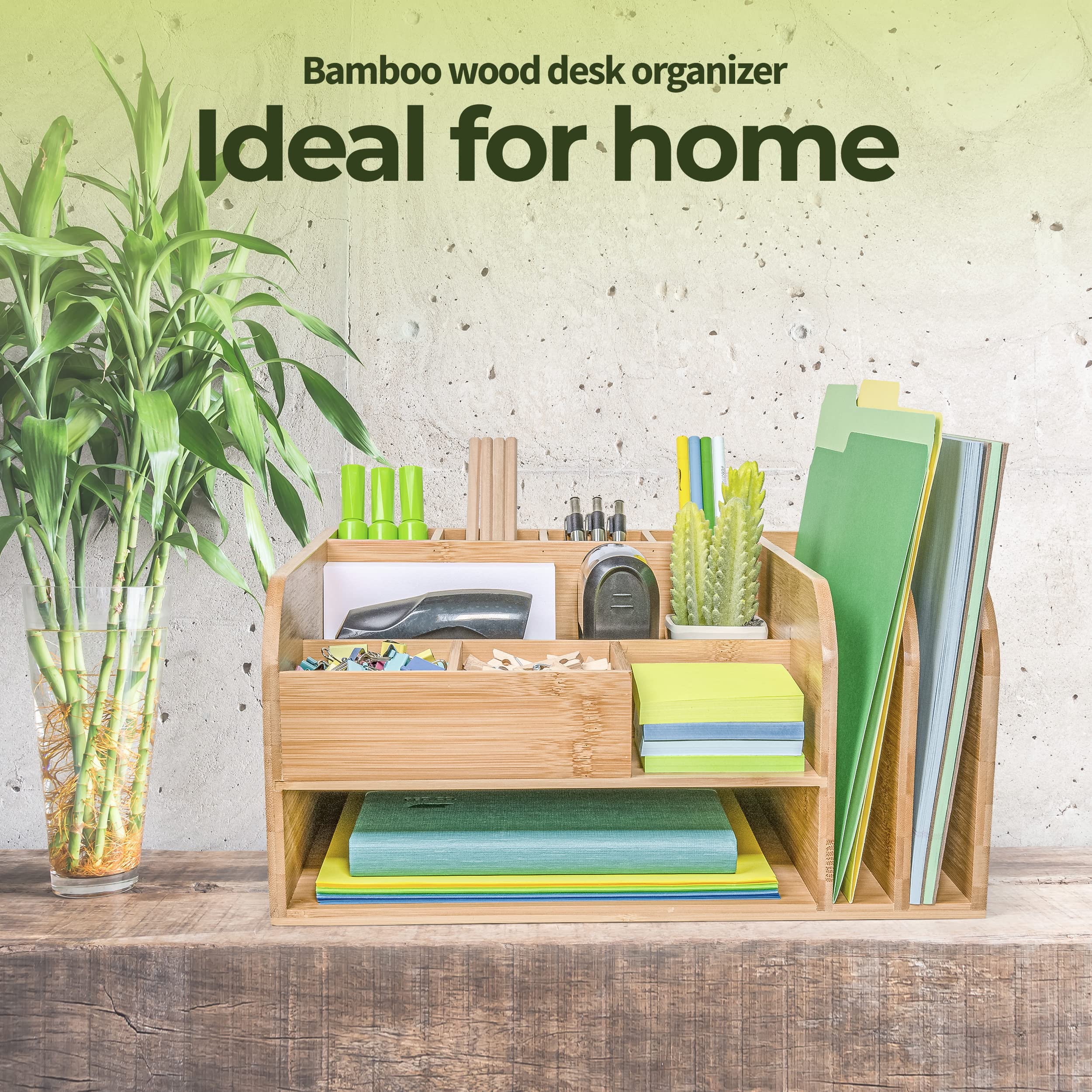 Bamboo Desk Organizer with Upright File Holders - Fully Assembled Office & Home Storage Solution for Pens, Papers & Supplies | Perfect for Workspace, Study & Classroom Organization