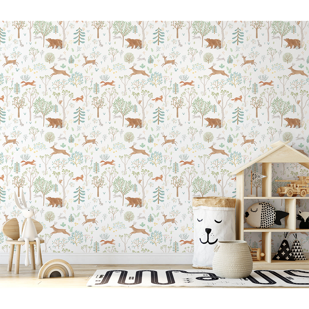 Beige Green Forest Animals Wallpaper S056 - Nature-Inspired Peel and Stick Wallpaper for Nursery, Kids Room & Home Decor