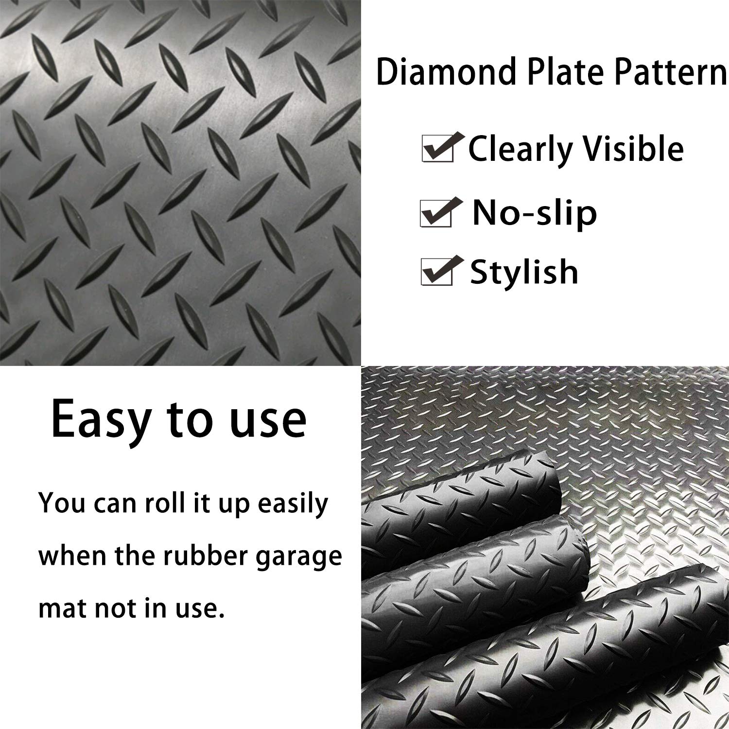 Heavy Duty 3.3x16.5FT Anti-Slip Rubber Garage Floor Mat - 1/8 Inch Thick Diamond Pattern Waterproof & Stain Resistant Industrial Flooring Roll for Under Car Protection - Perfect for Garage, Workshop, and Auto Shop Floor Covering