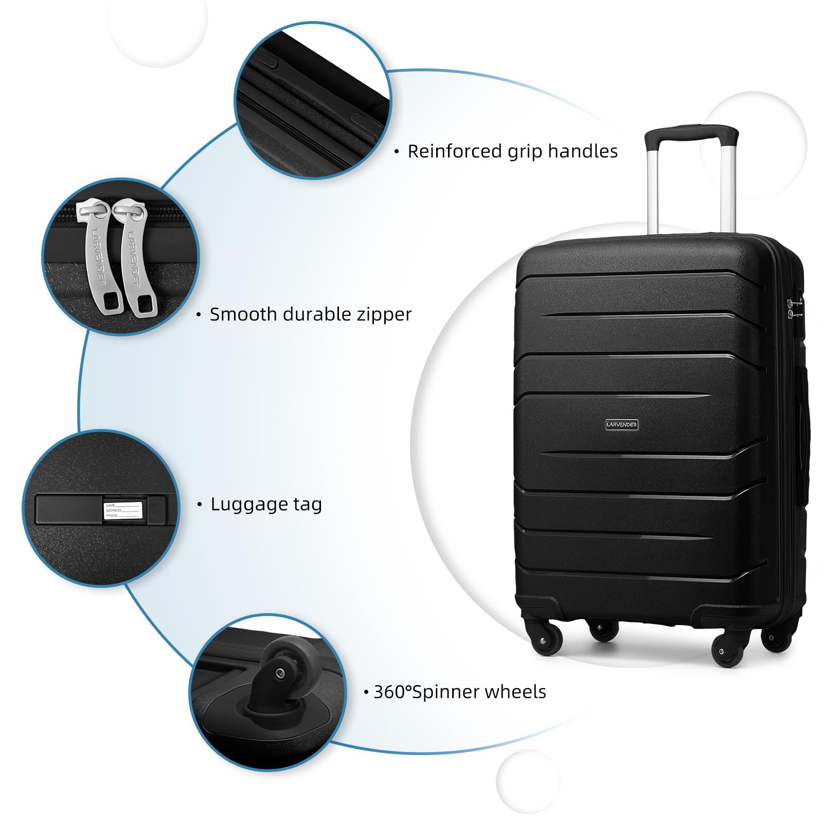 Lavender 3-Piece Hard Shell Carry On Luggage Set for Women - 20 Inch Airline Approved Spinner Suitcase with TSA Lock (22x14x9 Inches) - Perfect for Business Travel, Weekend Getaways & Airplane Cabins (Black, 20Inch/DB/TB)