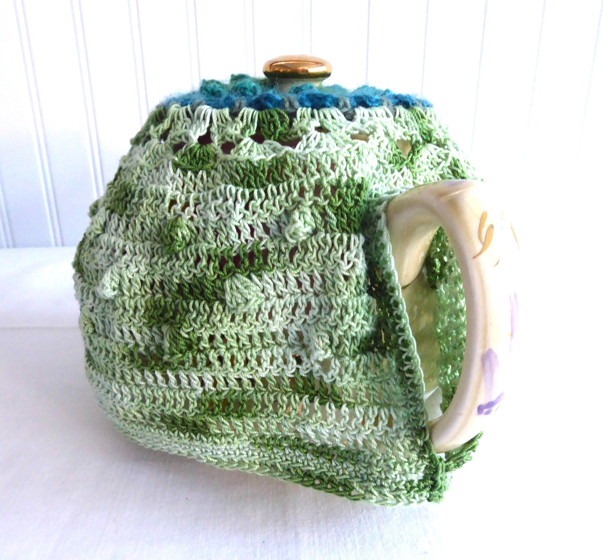 Handmade Crocheted Tea Cozy - Teal & Green Heather Artisan Knit - Medium Stretchy Fit - Perfect for Teapots & Coffee Pots - US Crafted Cozy for Tea Time & Kitchen Decor