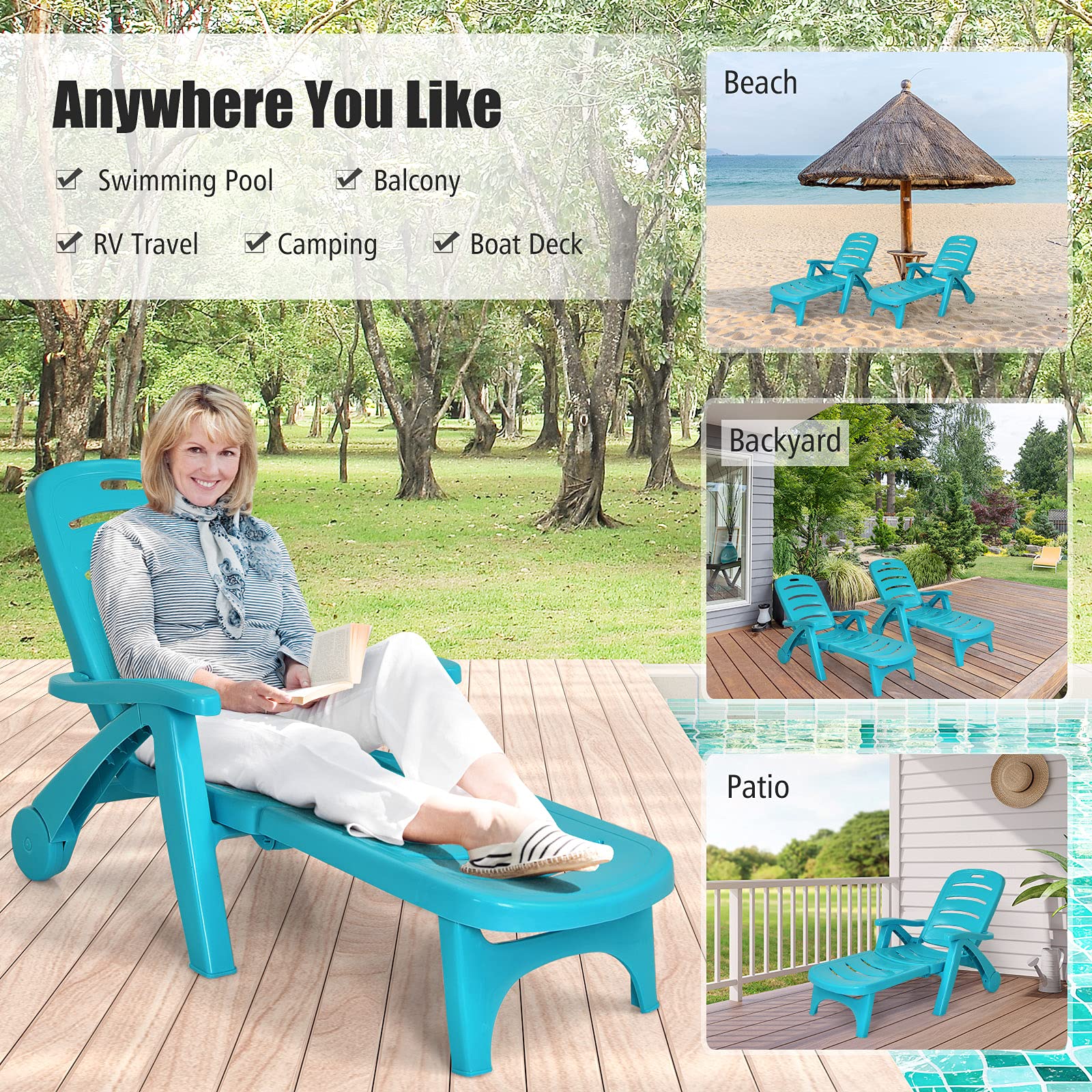 Giantex Folding Patio Chaise Lounge Recliner with Wheels - 5 Adjustable Positions, Armrests & Turquoise Fabric - Perfect for Poolside, Beach, Garden, Backyard & Outdoor Sunbathing - Portable Rolling Deck Chair for Relaxation (2-Pack)