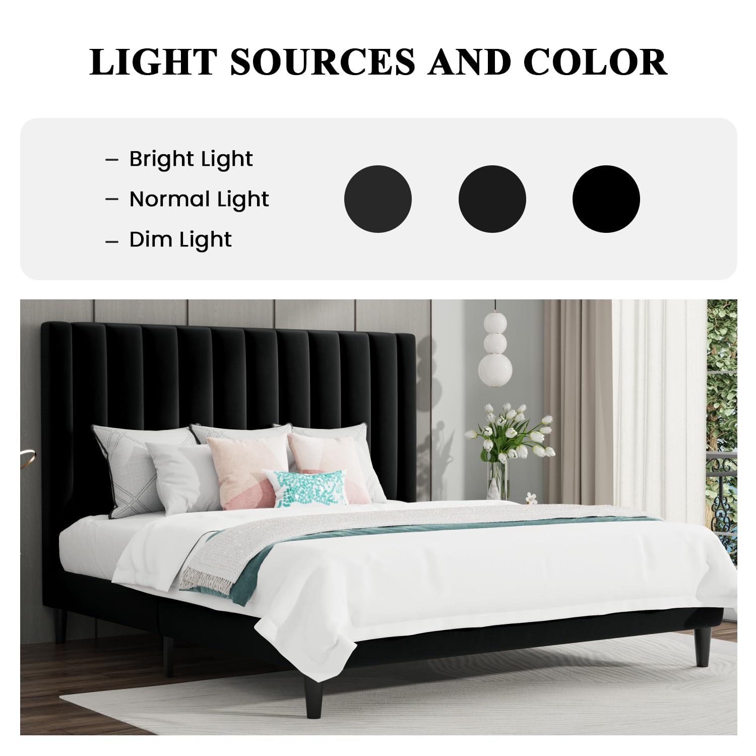Luxury SHA CERLIN King Size Bed Frame - Velvet Upholstered Platform Bed with Headboard | Solid Wood Slat Support | No Box Spring Required | Perfect for Master Bedroom & Guest Room (Black)