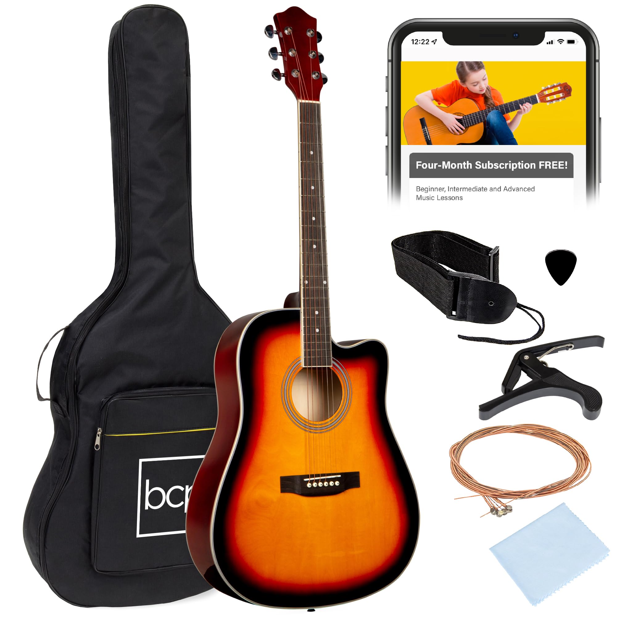 Best Choice Products 41-inch Full Size Beginner Acoustic Guitar Set - All Wood Cutaway Design with Case, Strap, Capo, Strings & Picks (Sunburst) | Perfect for Learning, Practice & Live Performances