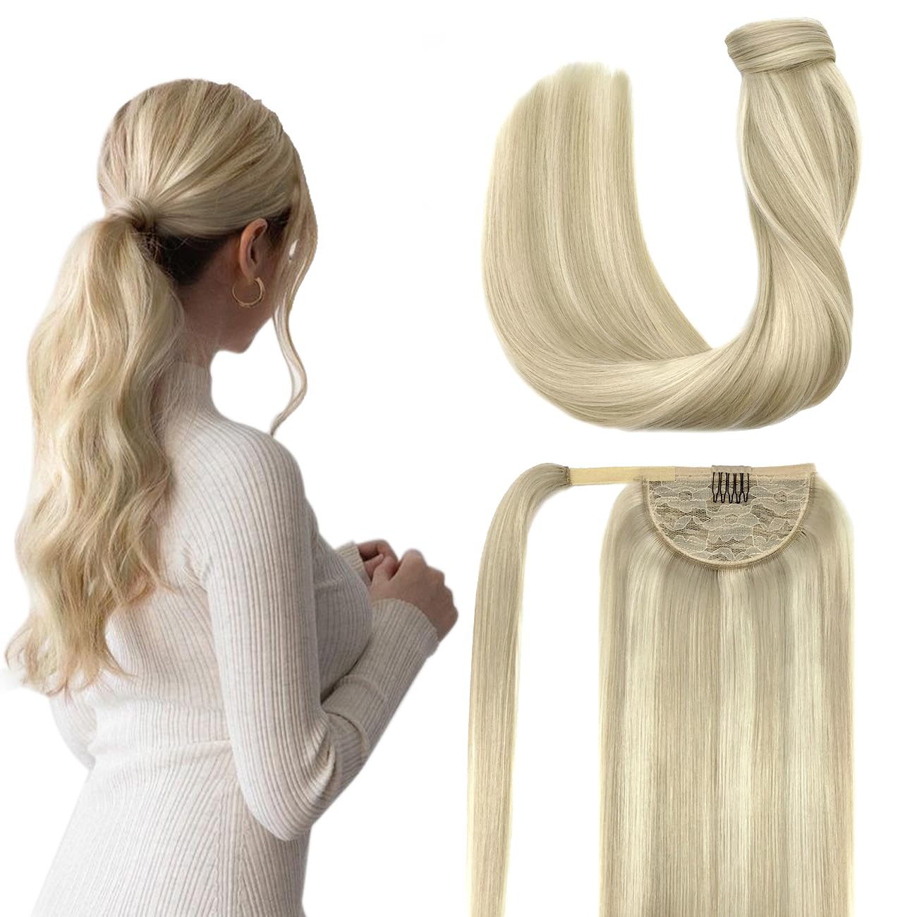 DOORES 22 Inch Clip in Human Hair Ponytail Extension - Real Balayage Ash Blonde & Platinum Blonde Highlights, 90g Silky Straight Wrap Around Ponytail for Women | Perfect for Parties, Weddings & Daily Styling
