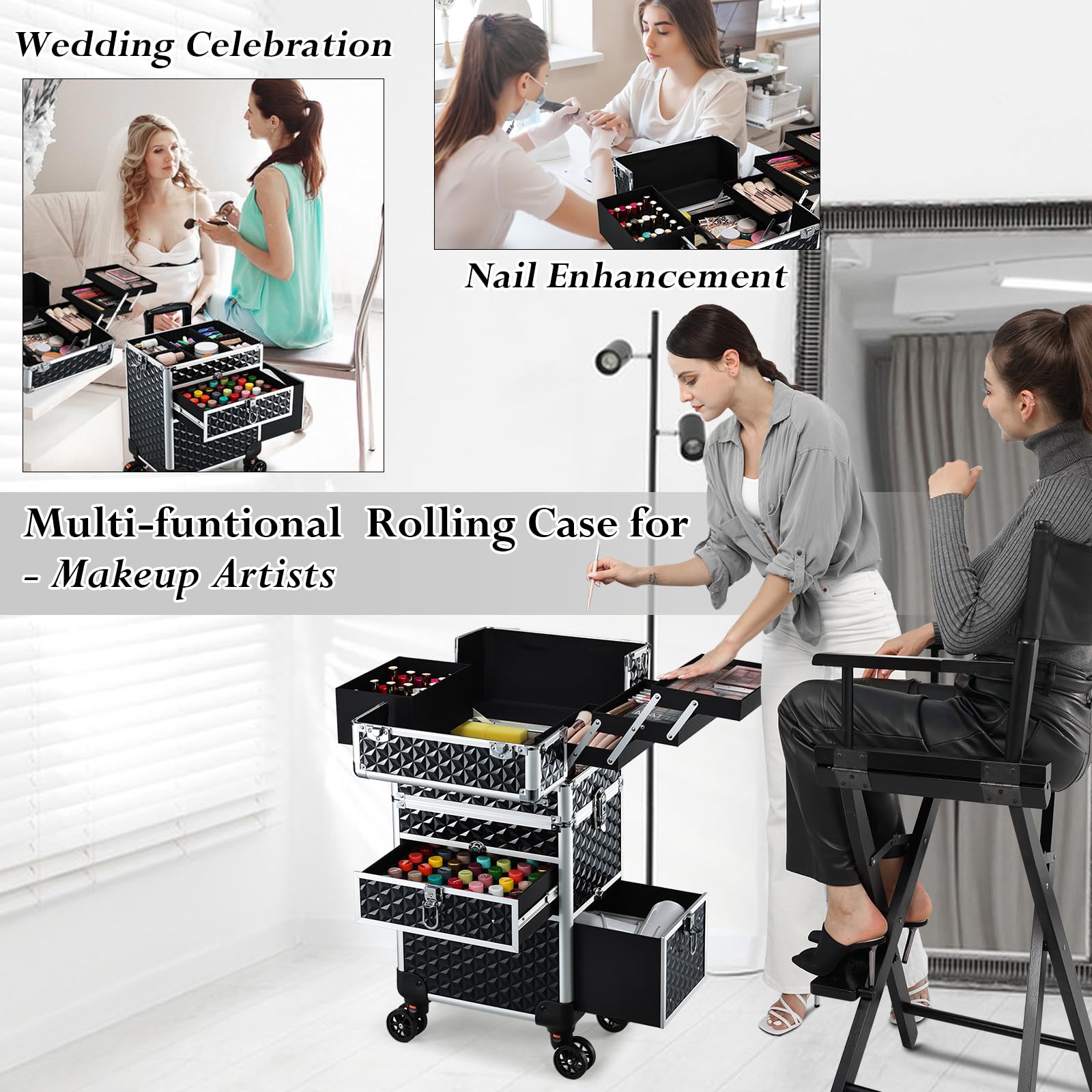 Professional Rolling Makeup Case with Wheels & Lockable Drawers - Large Cosmetic Trolley for Travel & Salon Storage | Perfect for Makeup Artists, Hairstylists & Nail Technicians | Portable Beauty Organizer for Home, Salon & On-the-Go Use