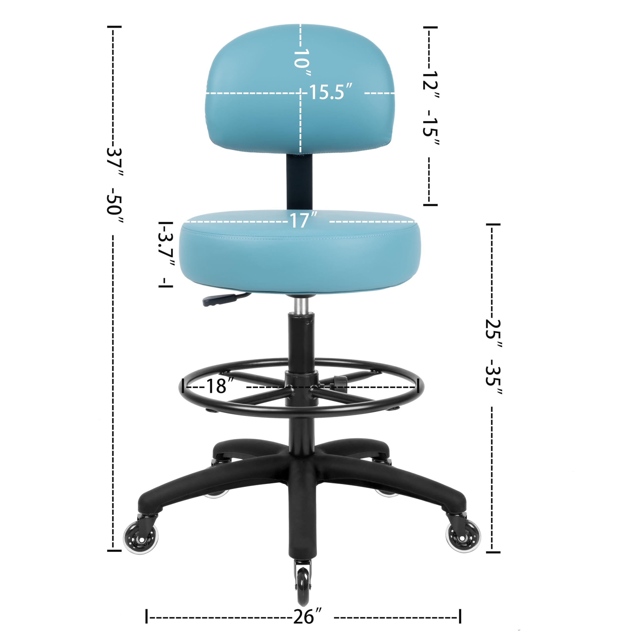 TAKE UR SEAT® Adjustable Height Medical Spa Stool with Ergonomic Back Support - Easy Clean Fabric Seat & Smooth Blade Wheels - Perfect for Dental Offices, Tattoo Studios & Salon Workstations (Blue, Tall Bench Height)