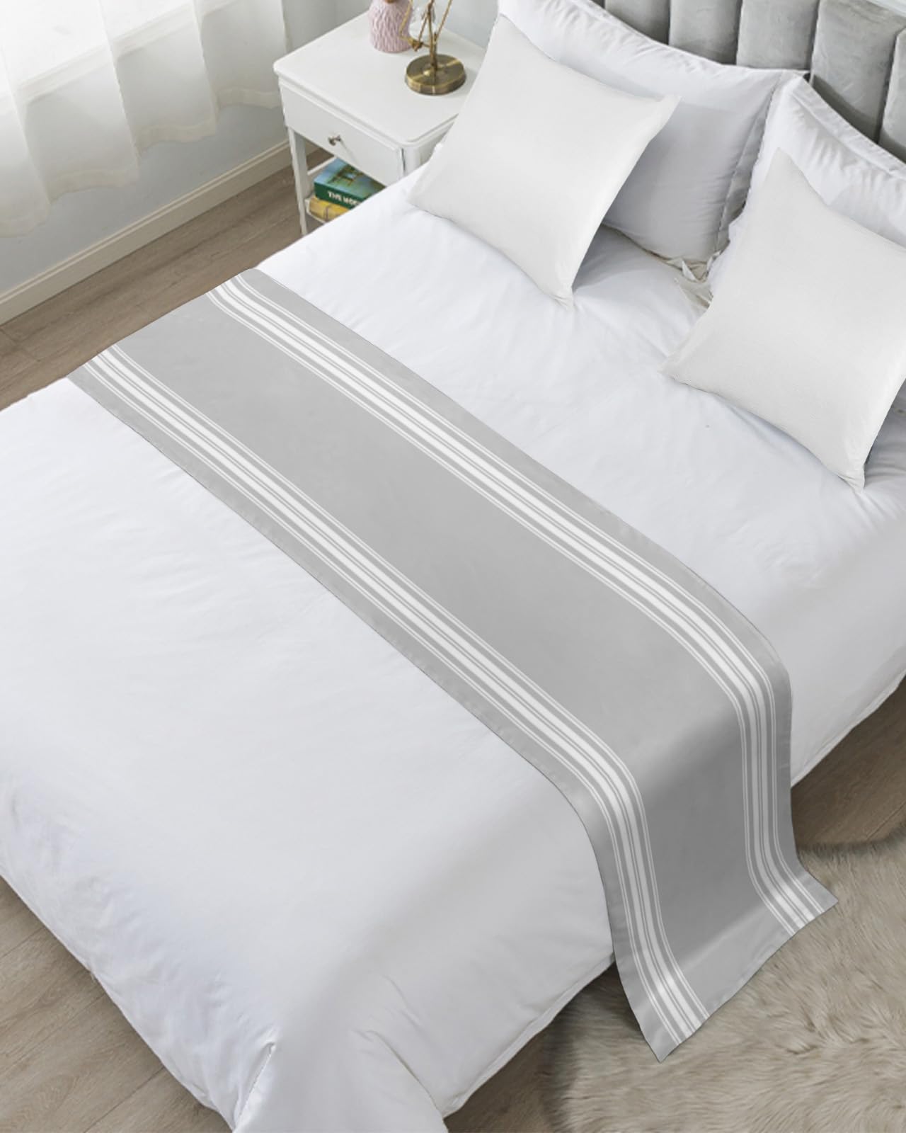 Luxury Grey Striped Bed Runner for Queen Size Bed - 83 x 20 Inch Modern Abstract Art Bed Scarf Throw - Soft Foot of Bed Cover for Hotel & Home Decor - Perfect for Guest Rooms, Master Bedrooms & Airbnb Styling