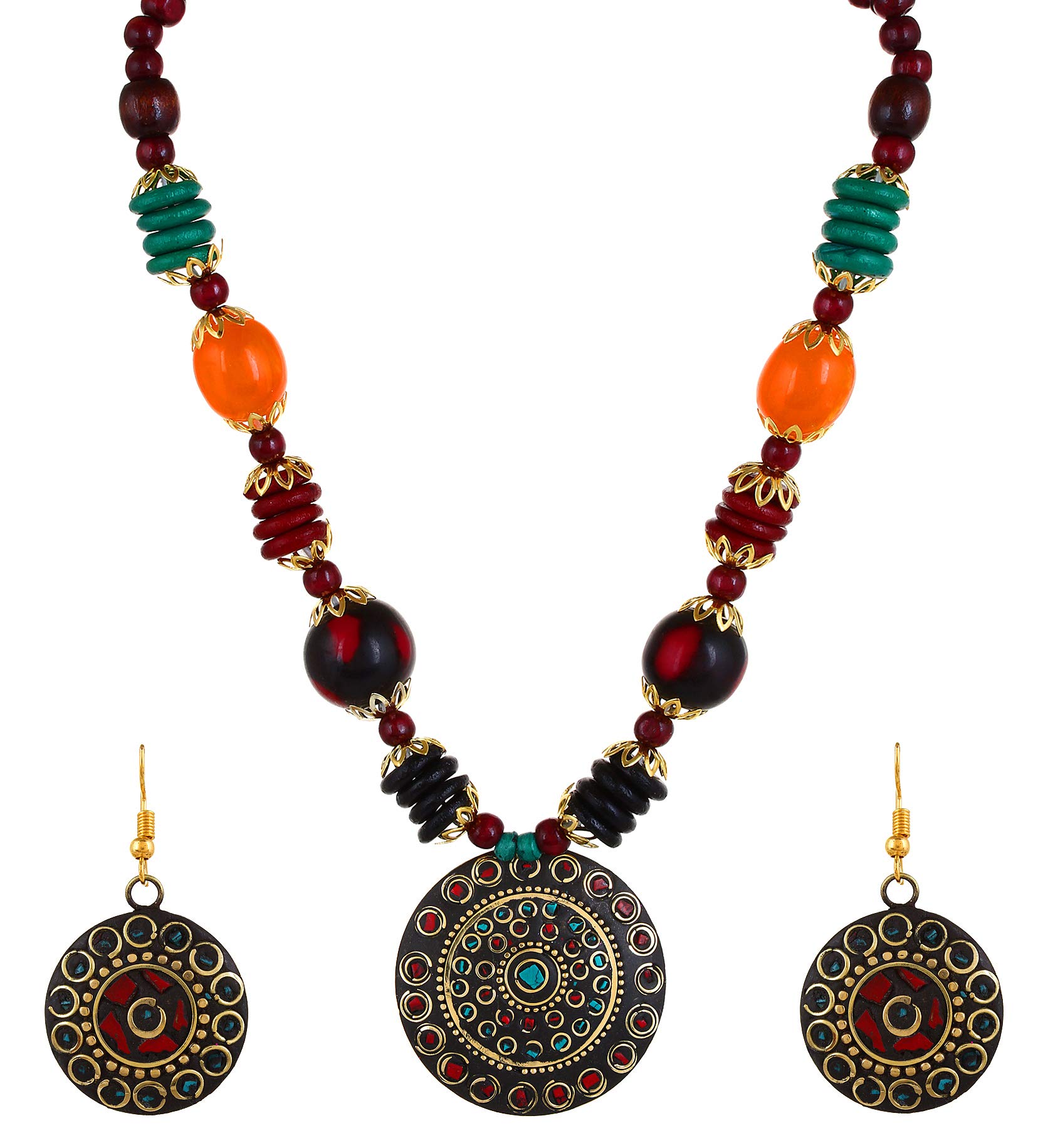 YouBella Stylish Tibetan Beaded Pendant Necklace & Earrings Set for Women & Girls - Tribal Jewelry Gift for Birthday, Party & Special Occasions