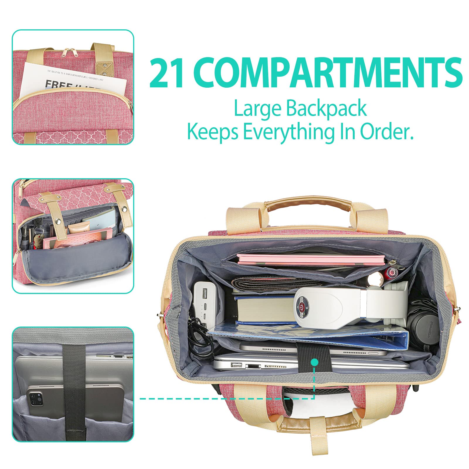 Stylish Pink Laptop Backpack for Women & Girls - 15.6 Inch USB Charging School Backpack with Wide Opening - Perfect for College, Work, Business, Nursing - Durable Travel & Daily Commute Backpack Purse