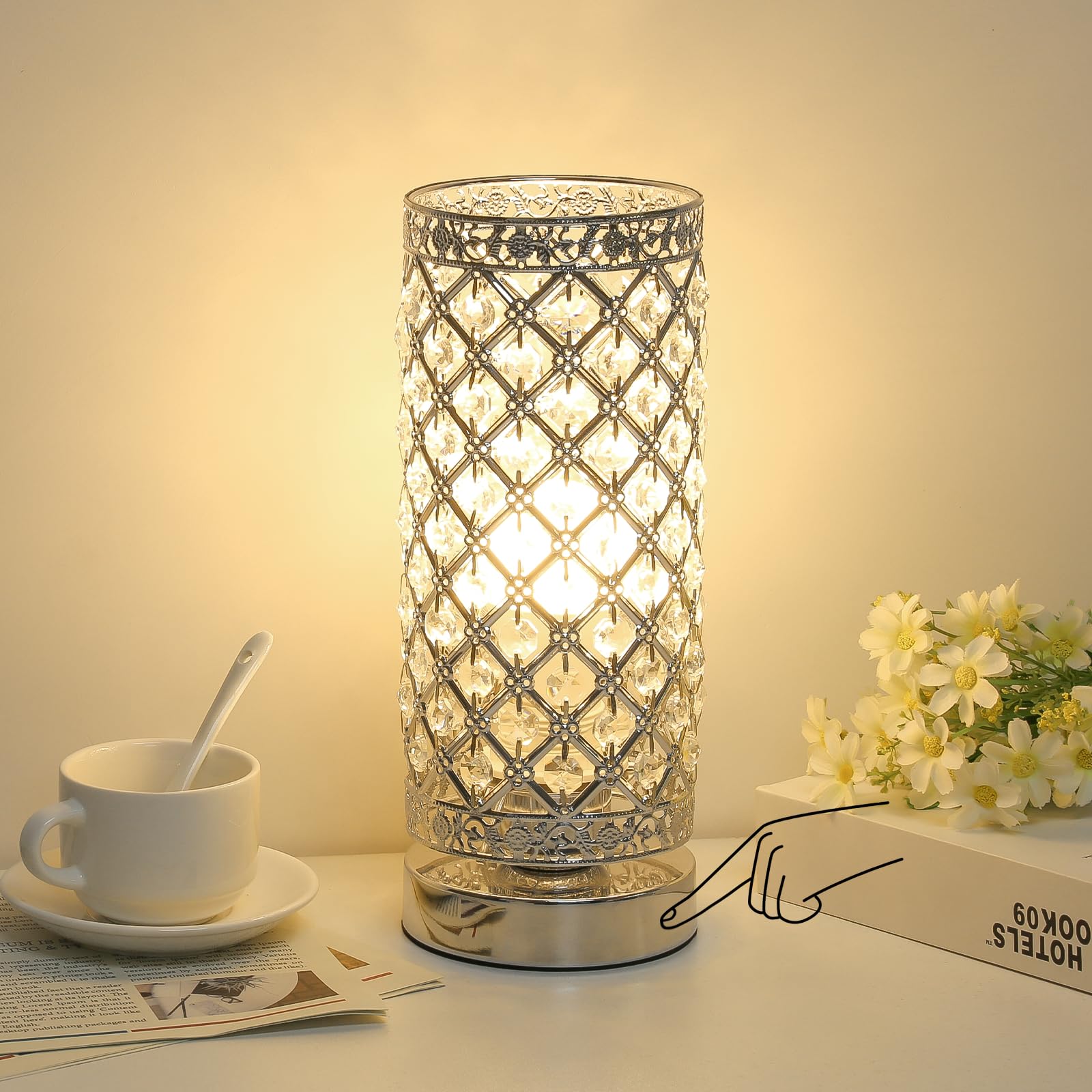 Crystal Table Lamp - Touch Control Dimmable Modern Desk Lamp with Silver Shade, Night Light for Bedroom, Living Room & Kitchen | Coastal Decor, Reading Light, Home Office Lighting