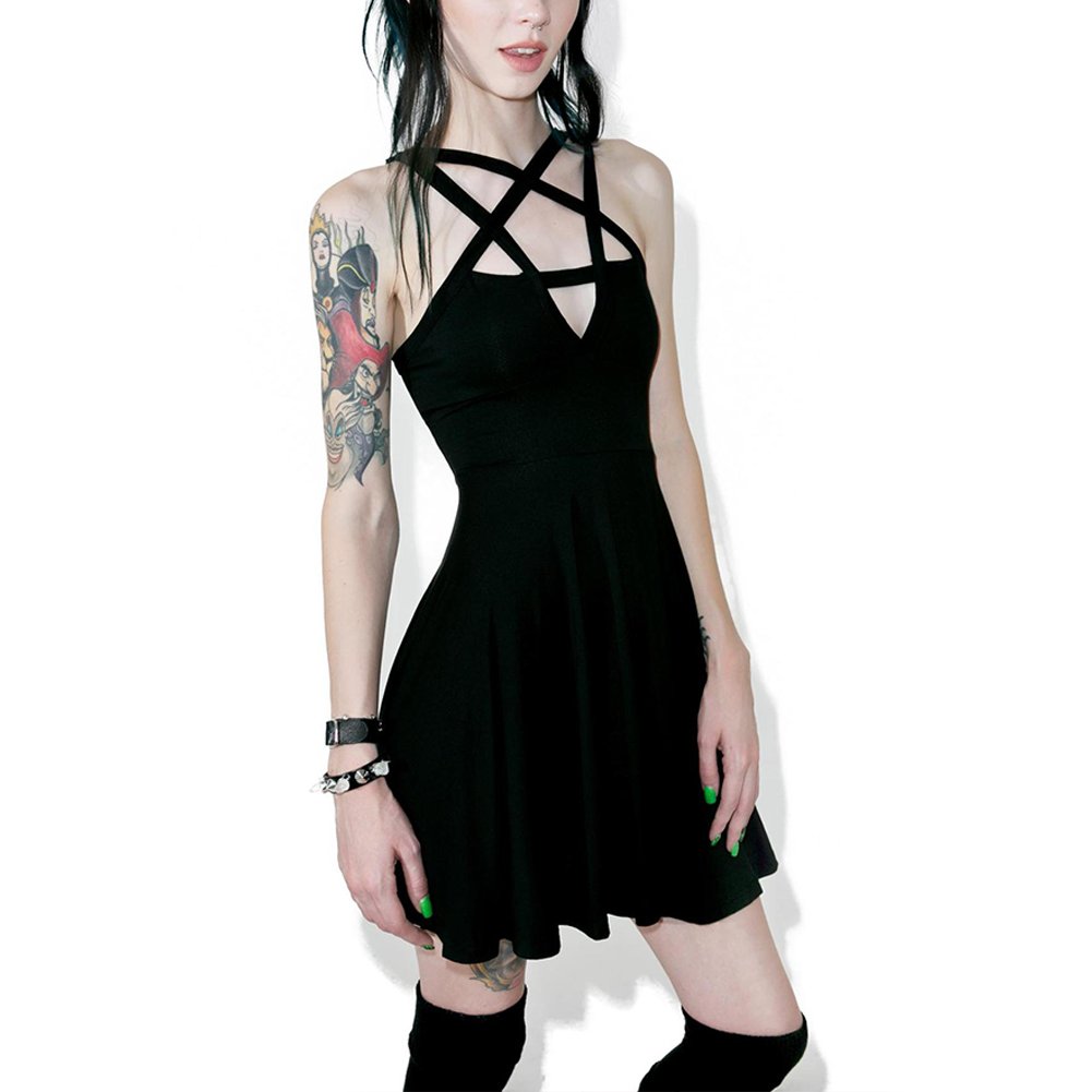 Bestwo Women's Sexy Pentagram Strappy Mini Dress - Hollow Out Design, Off Shoulder Summer Party Dress for Nightclub, Date Night, and Beach Vacation