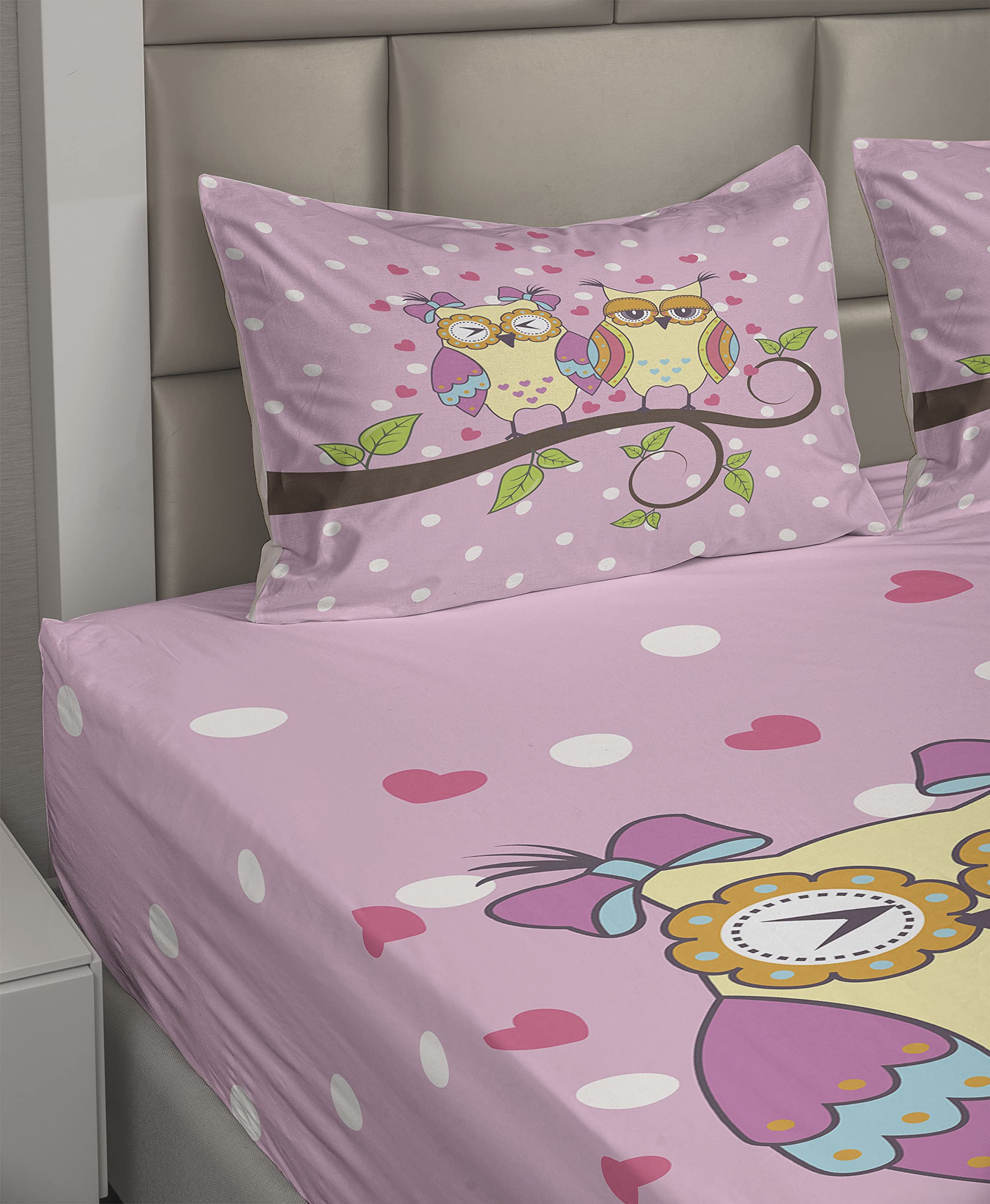Ambesonne 4-Piece Owl Print Sheet Set - Full Size, Pale Yellow & Apple Green, Fitted & Flat Sheets with Pillowcases - Romantic Owl Couple on Branch with Polka Dots & Hearts Design - Perfect for Cozy Bedrooms, Guest Rooms & Owl-Themed Decor