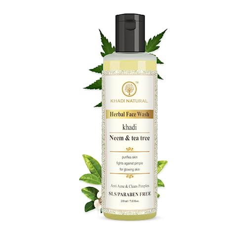 Khadi Natural Neem & Tea Tree Face Wash 210ml - Gentle Cleanser for Acne, Oily & Sensitive Skin | Ayurvedic Formula for Healthy Glow | Daily Skincare Routine & Travel Essential
