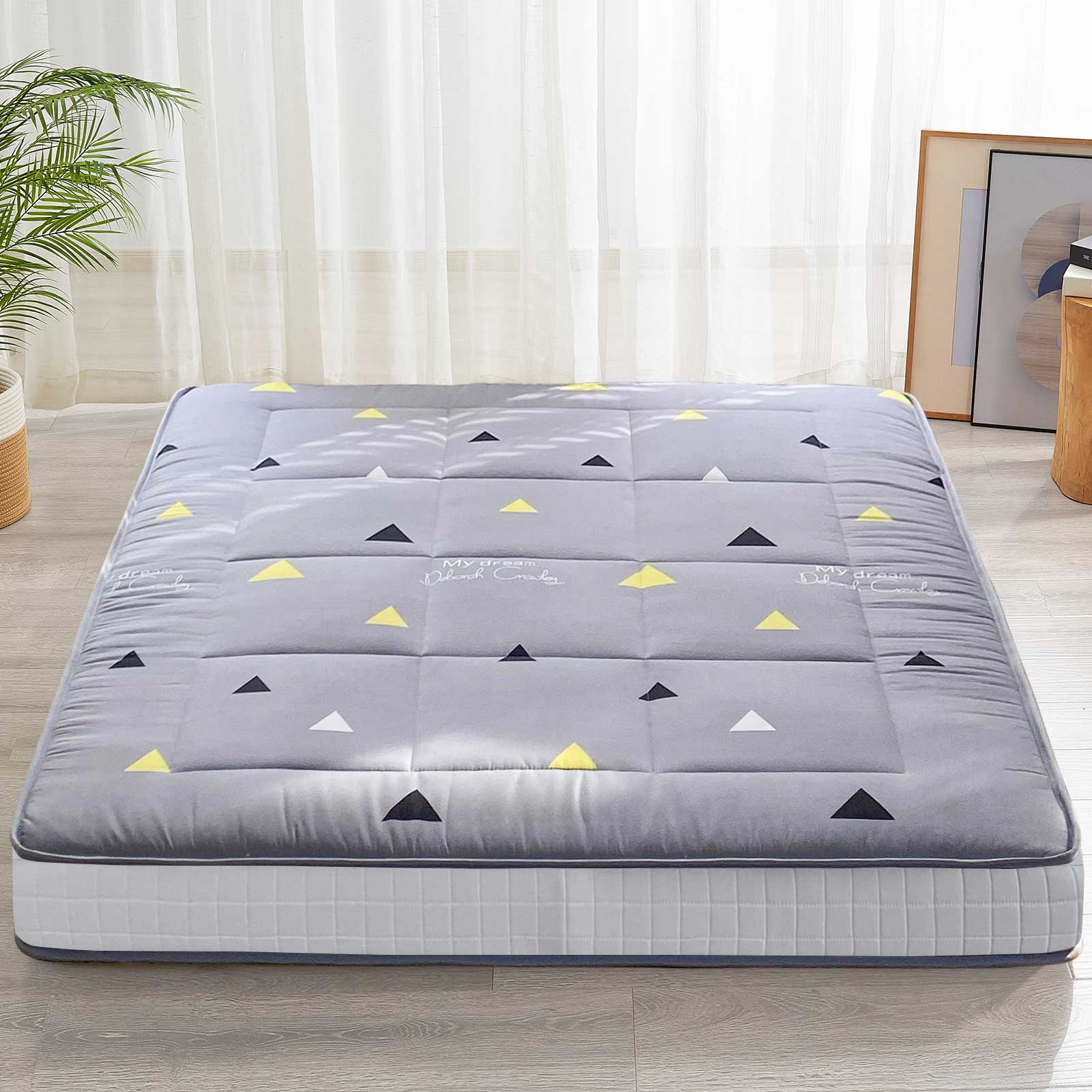 MAXYOYO 6-Inch Extra Thick Futon Mattress - Grey Triangle Pattern Floor Mattress Pad, Japanese Tatami Style Guest Bed | Perfect for Small Spaces, Dorm Rooms & Sleepovers