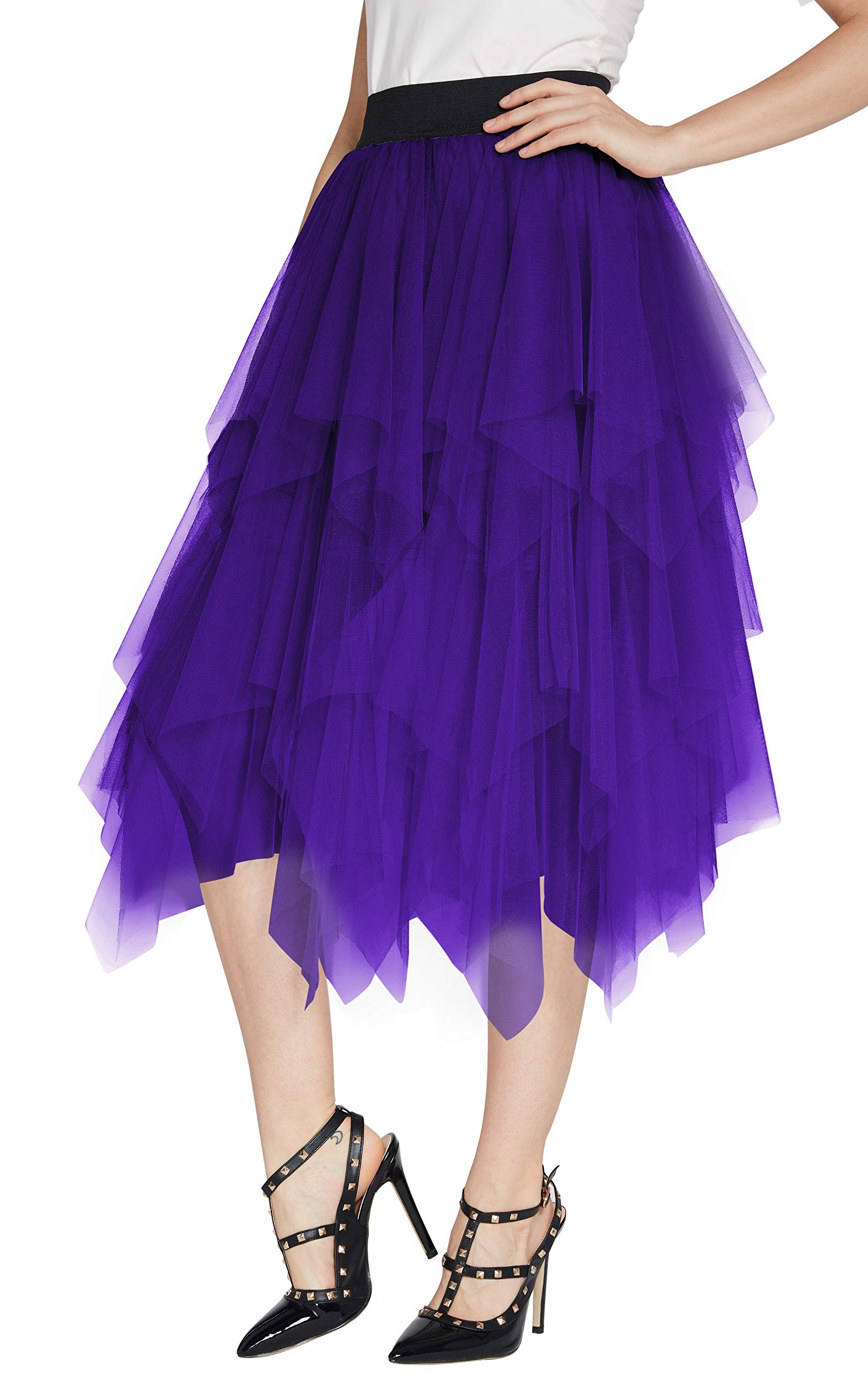 Elegant Women's Mesh Layered Tulle Skirt - Sheer Tutu Midi Skirt for Party & Wedding (Deep Purple, Size L) | Perfect for Dances, Bridesmaids & Special Occasions