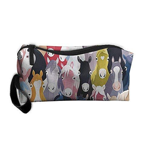 Colorful Cartoon Horses Pony Cosmetic Bag - Vintage Childhood Pattern Makeup Pouch for Women & Girls | Travel Organizer, Toiletry Bag, Gift Idea for Makeup Lovers