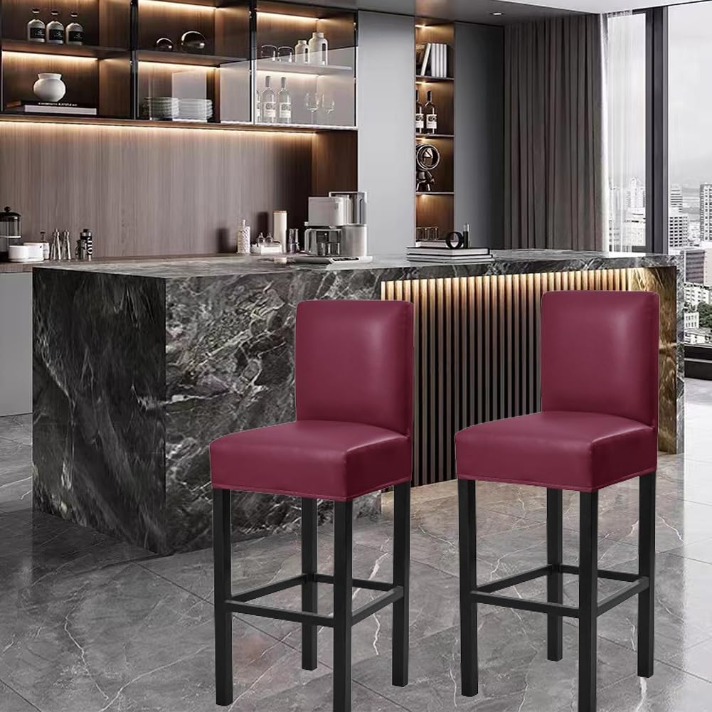4 Pack Stretch Waterproof PU Bar Stool Covers with Backs - Removable Elastic Slipcovers for Pub, Counter & Kitchen Chairs - Durable Red Seat Covers for Home, Restaurant & Outdoor Use
