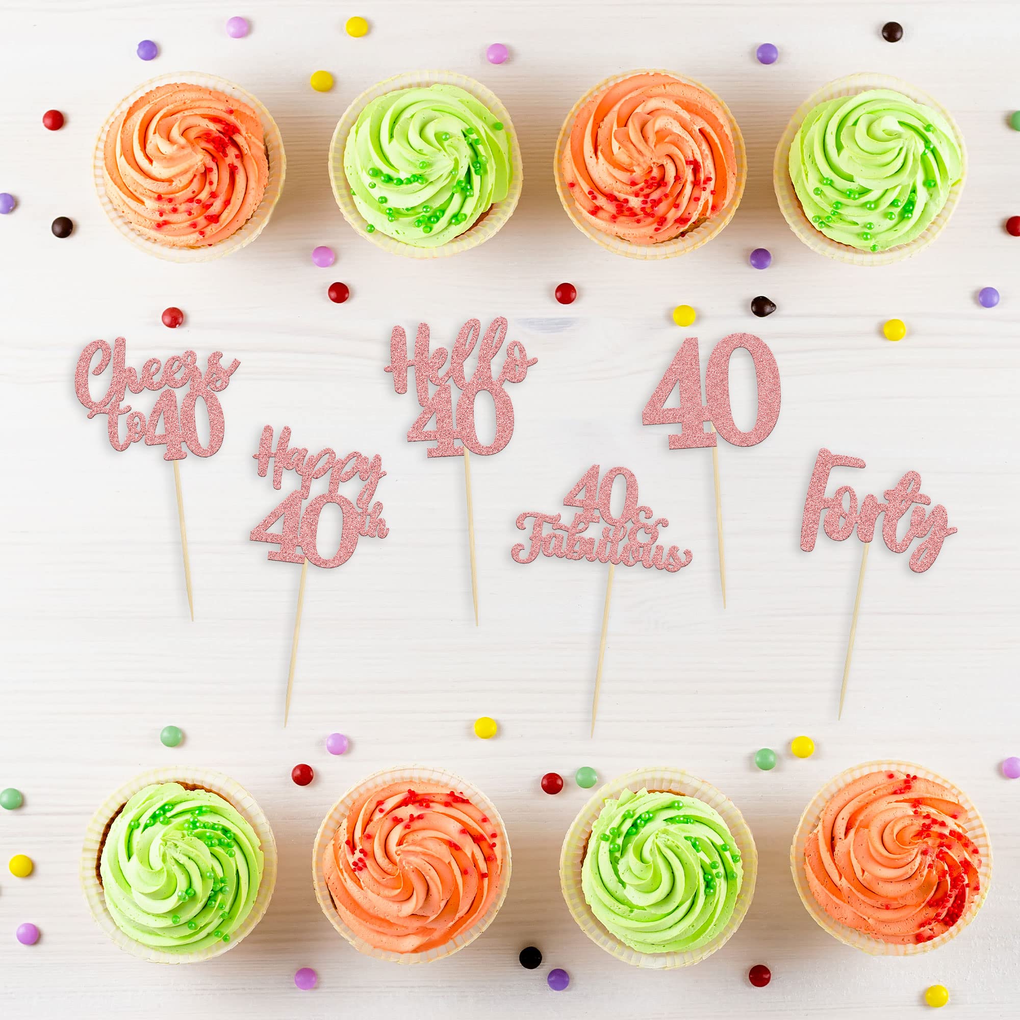 36Pcs Rose Gold Glitter 40th Birthday Cupcake Toppers - Hello 40 Cupcake Picks, Forty Cheers to 40 Fabulous Cake Decorations for Wedding Anniversary Party Supplies (Perfect for 40th Birthday Celebrations, Milestone Parties & Cake Decorating)