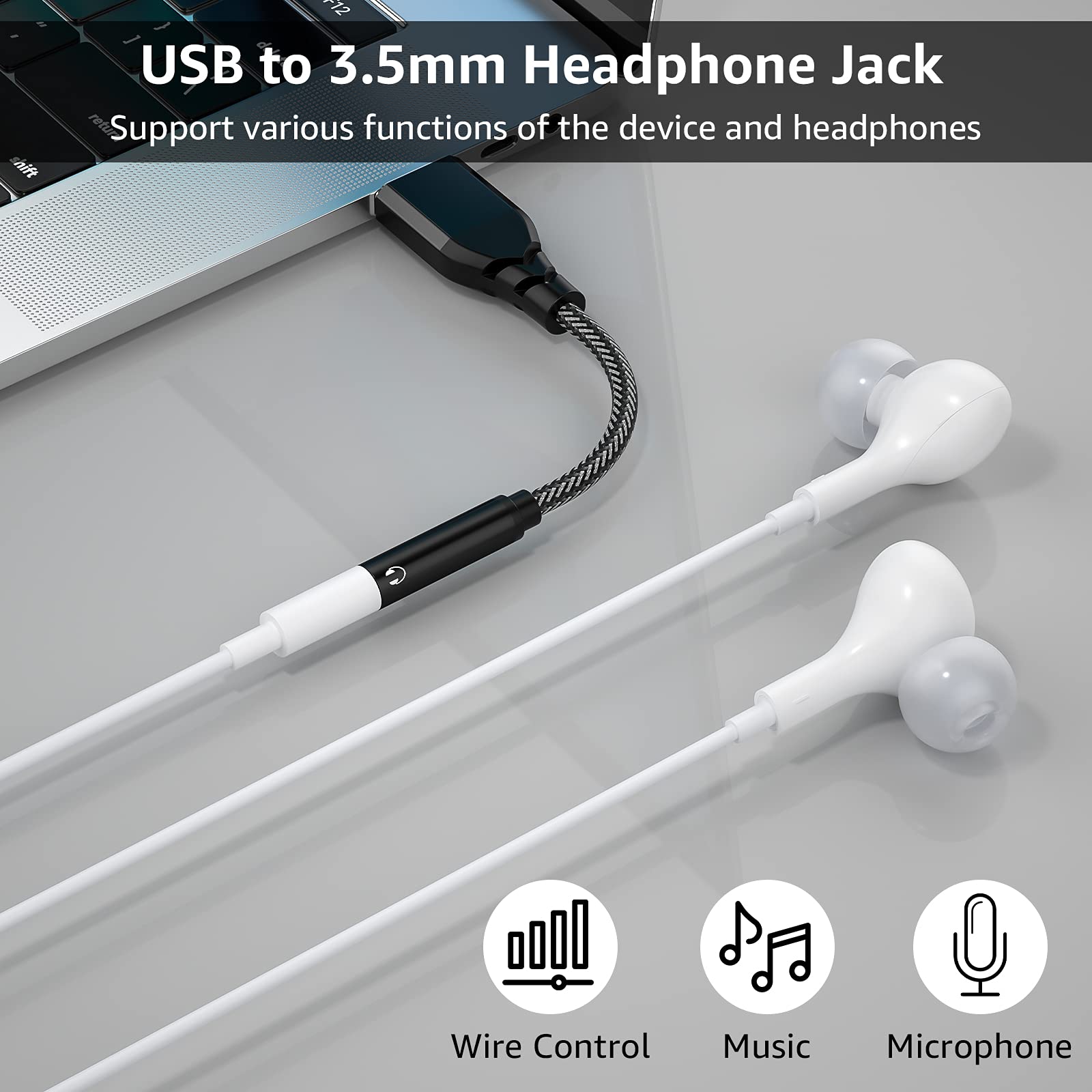 APETOO USB to 3.5mm Audio Adapter - External Stereo Sound Card with Aux Jack for Headphones, Headsets, Earphones - Compatible with Mac, PC, Laptop, Windows, PS4, PS5, Linux - Perfect for Gaming, Music Listening & Conference Calls